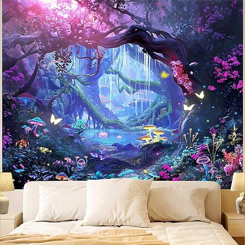 Apdidl Forest Nature Room Decor Tapestry Wall Hanging, Fantasy Trees Butterfly Mushroom Tapestries for Bedroom, Blue Colorful Floral Magical Plants Jungle Landscape Backdrop for Living Room 51"X60" - 60"L x 51"W - Nature Froest Tapestry