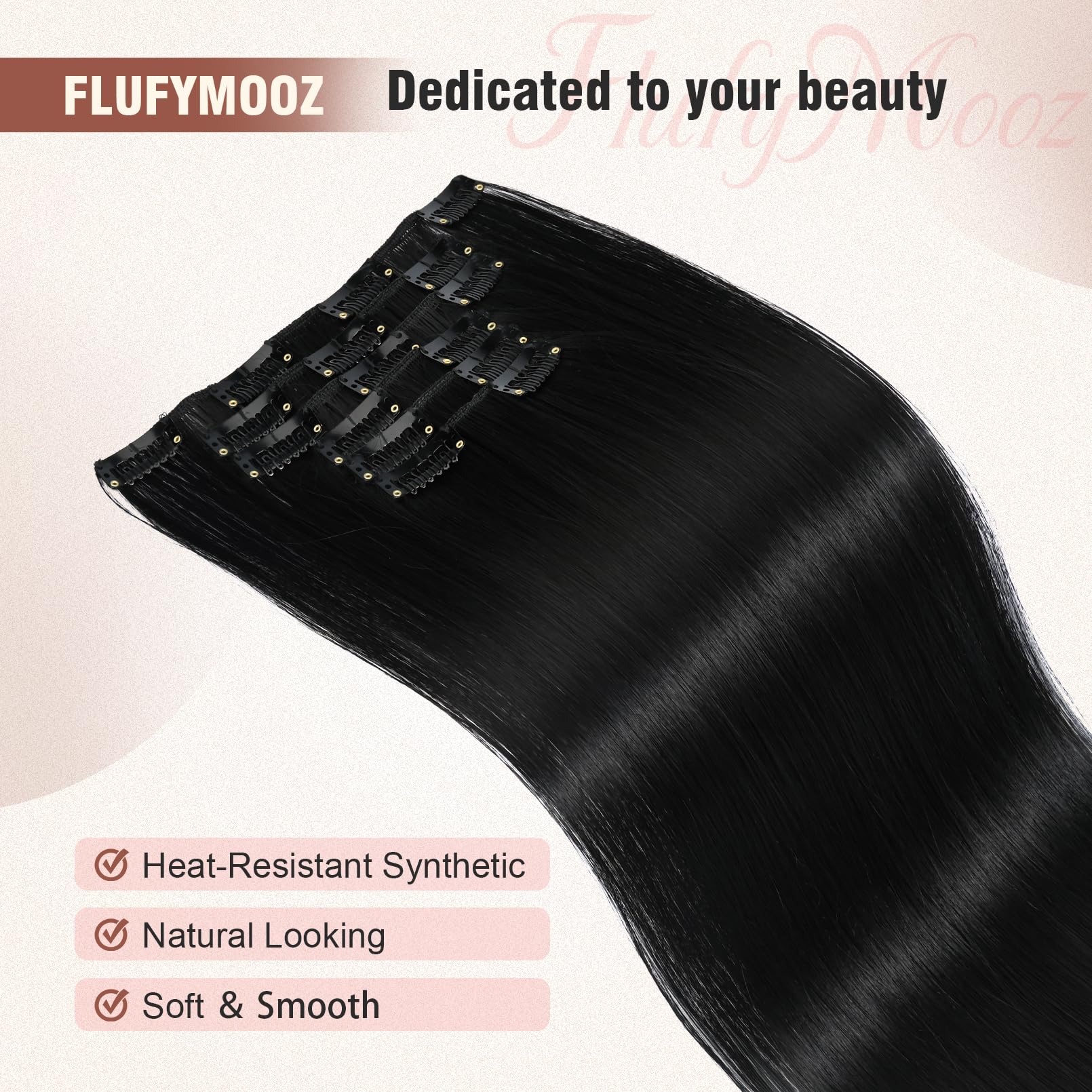 FLUFYMOOZ 6PC Clip in Hair Extensions 24" Straight Long Extensions for Women Synthetic Hairpiece (Natural Black) - Image 3