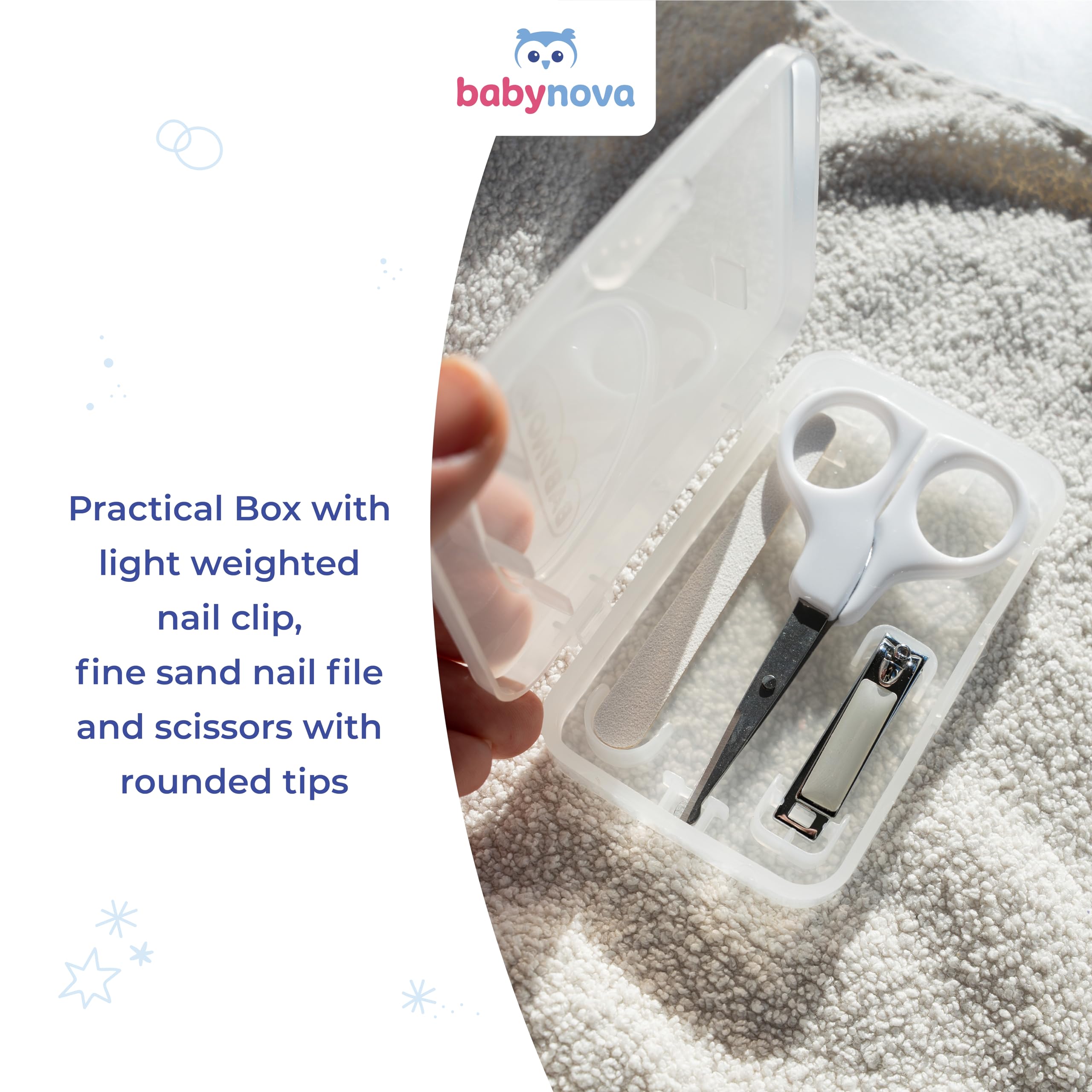 babynova Manicure Set for Babies, Safe Baby Nail Care Kit with Rounded Tip Scissors, Nail Clippers & File - Image 2