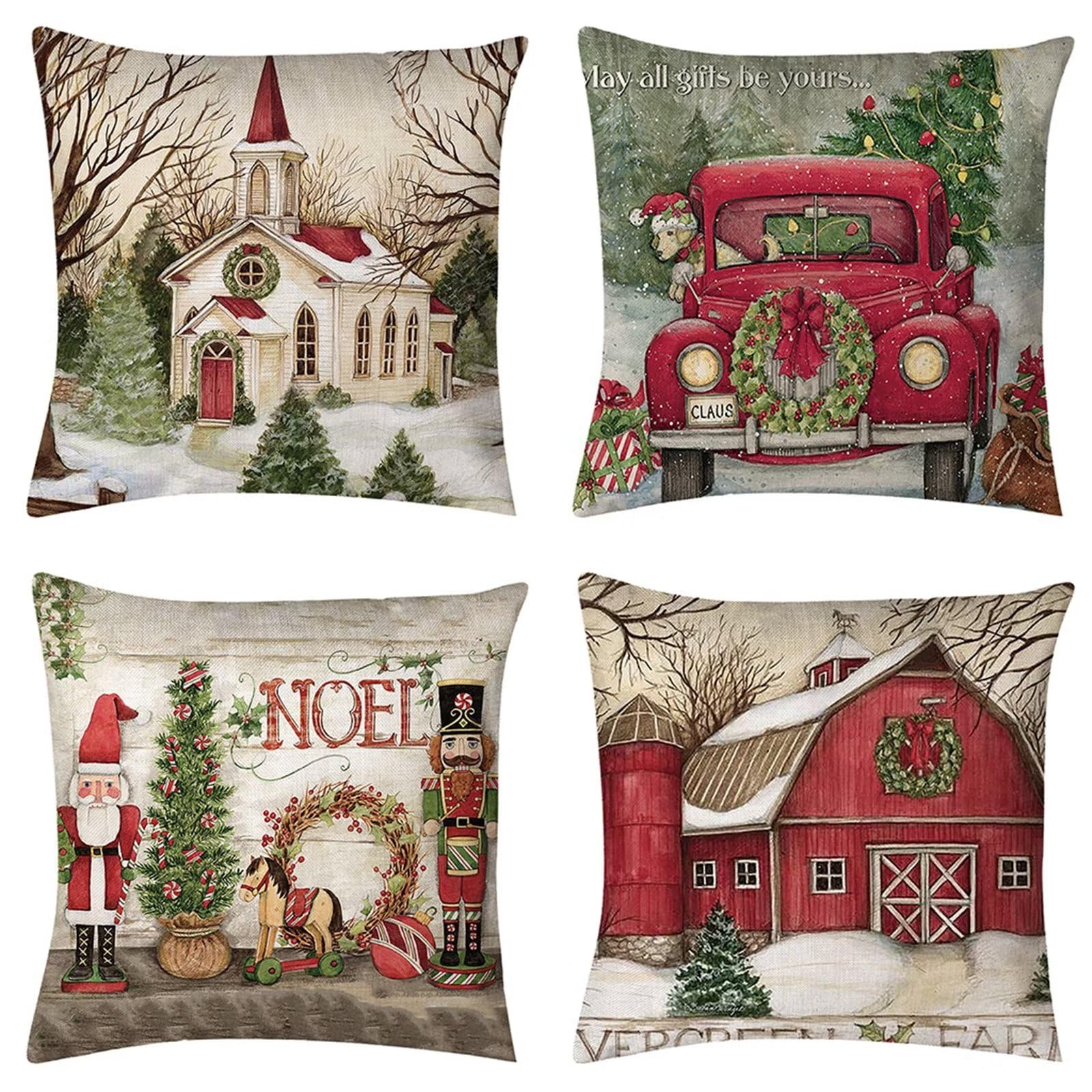 Natale Fodere per Cuscini 60x60cm 4 Pezzi giorno di Natale Cuscini Caso Federa, Copricuscini Natalizi, Invernale Natalizie Divano Decorativi di Natale per Divano Soggiorno Auto Natalizie Decor