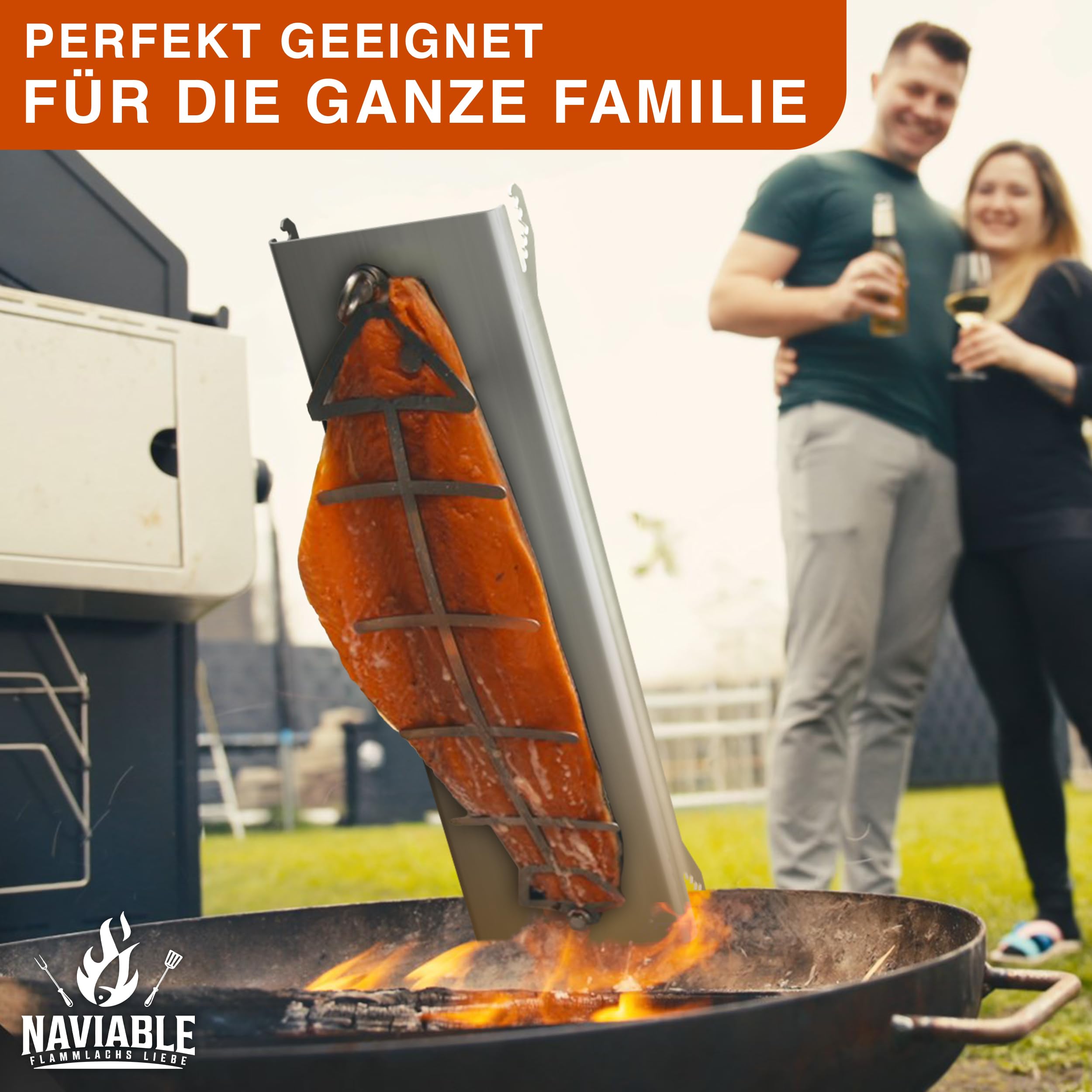 Edelstahl Flammlachshalter für Feuerschalen & Kugelgrills – Testsieger - 5-stufig verstellbares Grillbrett für perfektes Flammlachs und Fisch - Grillen bei Camping & Grillpartys