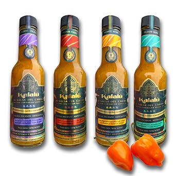 Kalalu Caribbean Hot Sauce Gift Set by Chiletico 4-Pack Sampler Mild, Medium, Hot, Extra Hot Authentic Costa Rican Flavors 4.9 oz Each Total Net Weight 24.7 oz