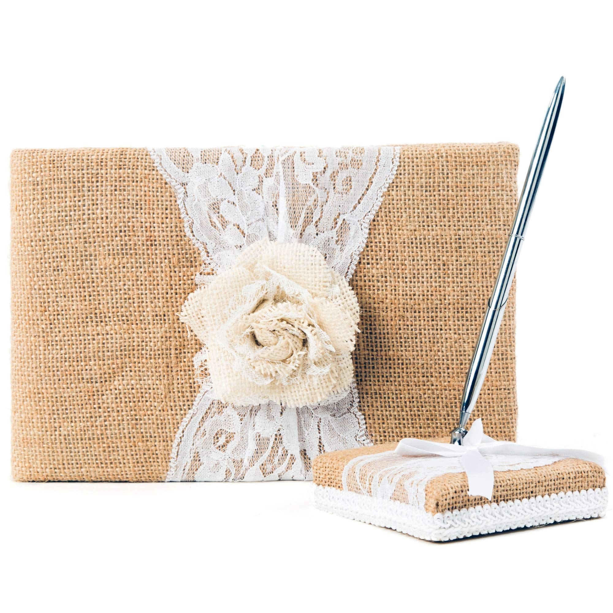 Rustic Wedding Guest Book Made of Burlap and Lace - Includes Burlap Pen Holder and Silver Pen - 120 Lined Pages for Guest Thoughts - Comes in Gift Box (White Rose)