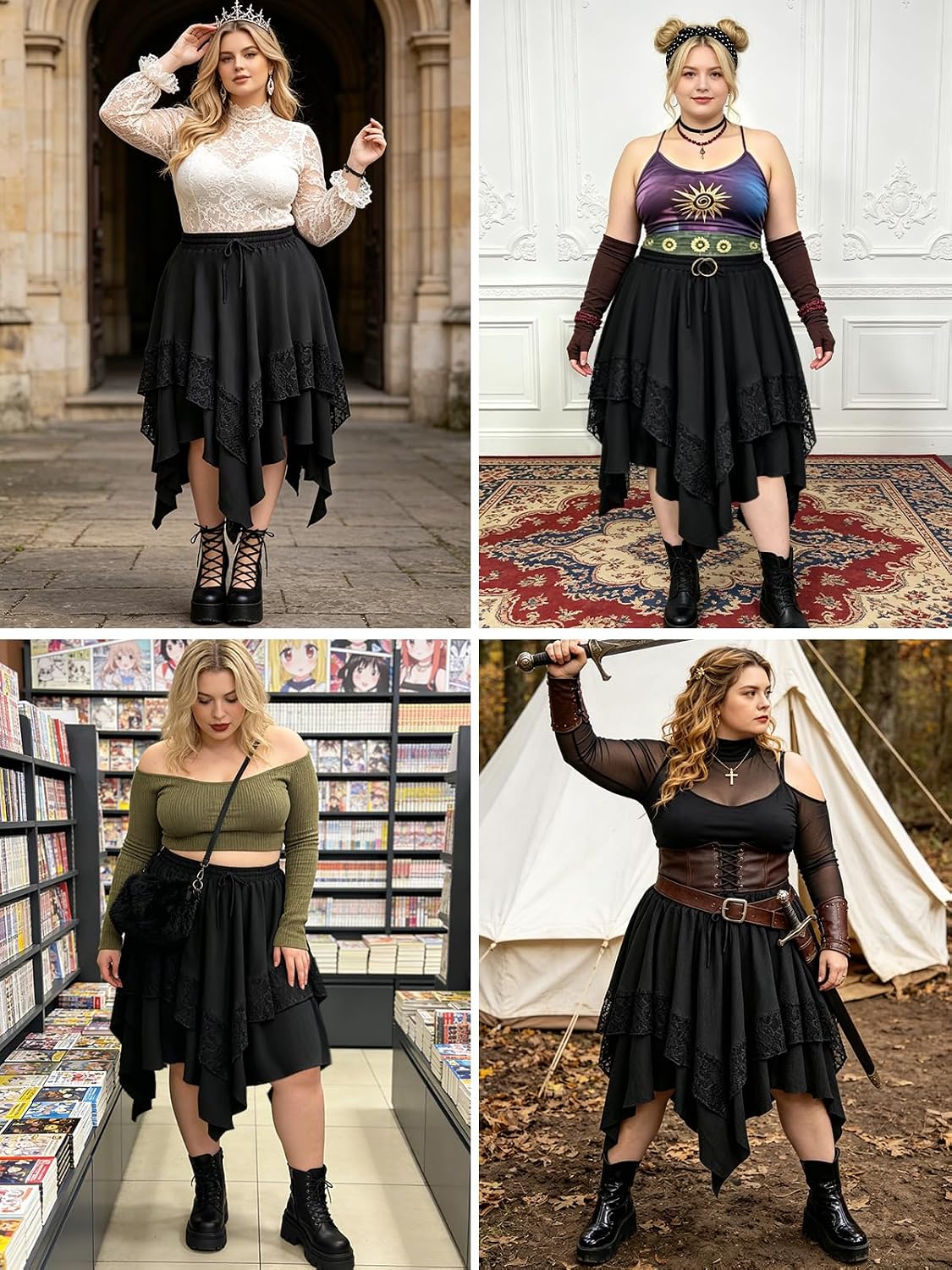 Plus Size Renaissance Skirt for Women Y2K Lace Asymmetrical Fairy Midi Skirts for Gothic Steampunk Party