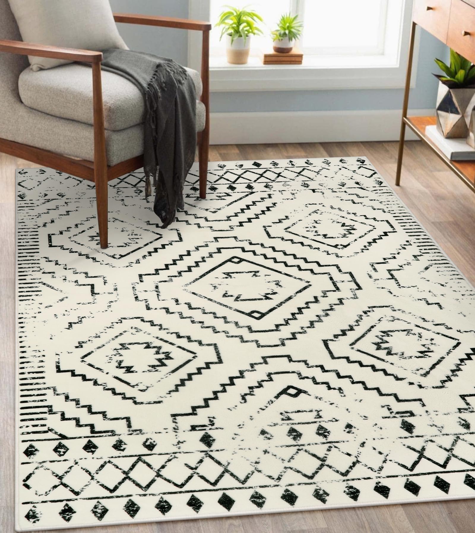 Wonnitar Moroccan 4x6 Area Rug, White Boho Rugs for Living Room, Washable Soft Large Rug for Bedroom,Non-Slip Geometric Throw Carpet, Low Pile Accent Mat for Nursery Bedside Dorm (Beige,4'x6')