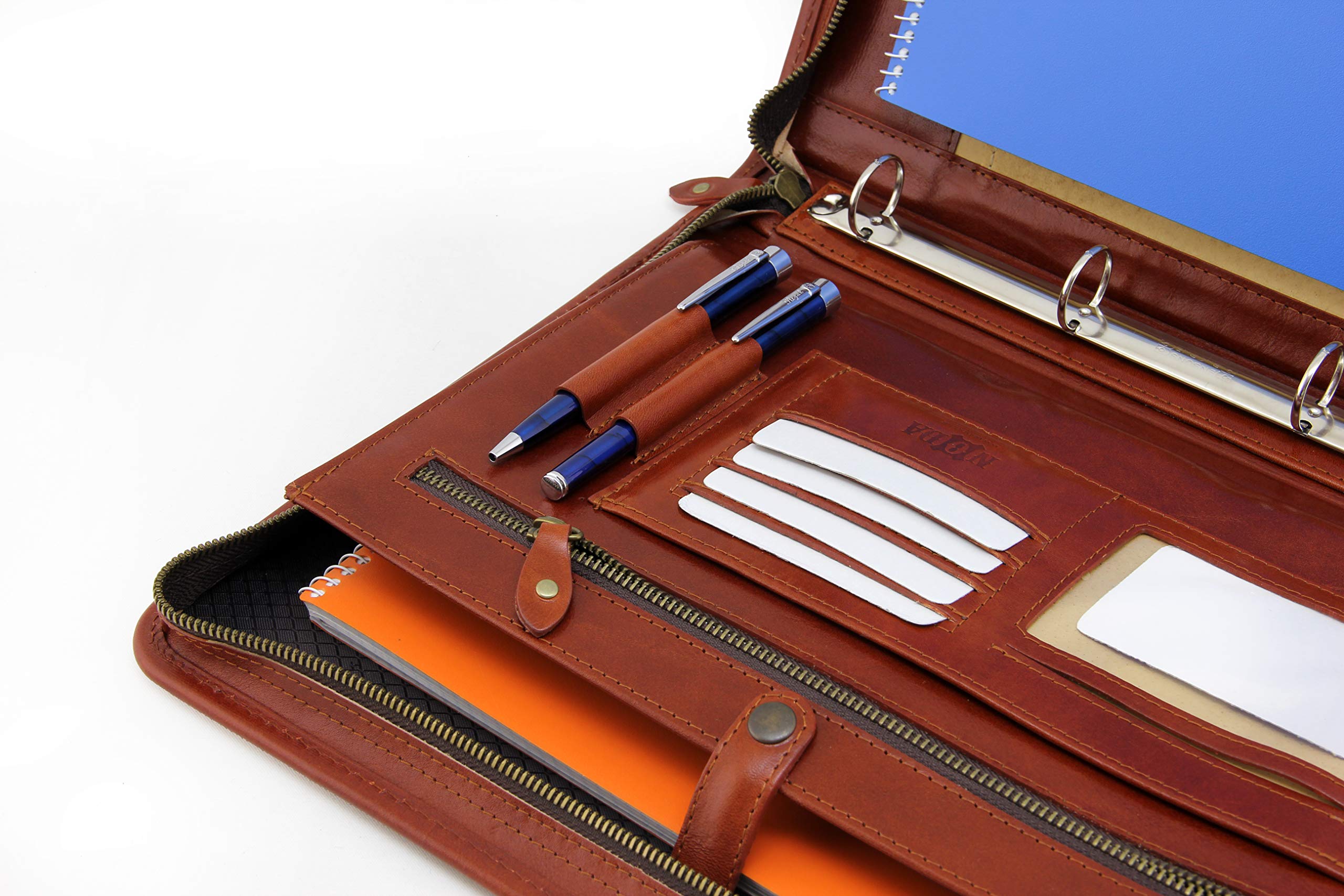 Leder Organizer, Leder Dokumentenmappe, Leder Portfolio, Dokumentenhalter, Tablet-Tasche, Ledermappe, Dokumententasche, 4 Ringbuch (Cognac)