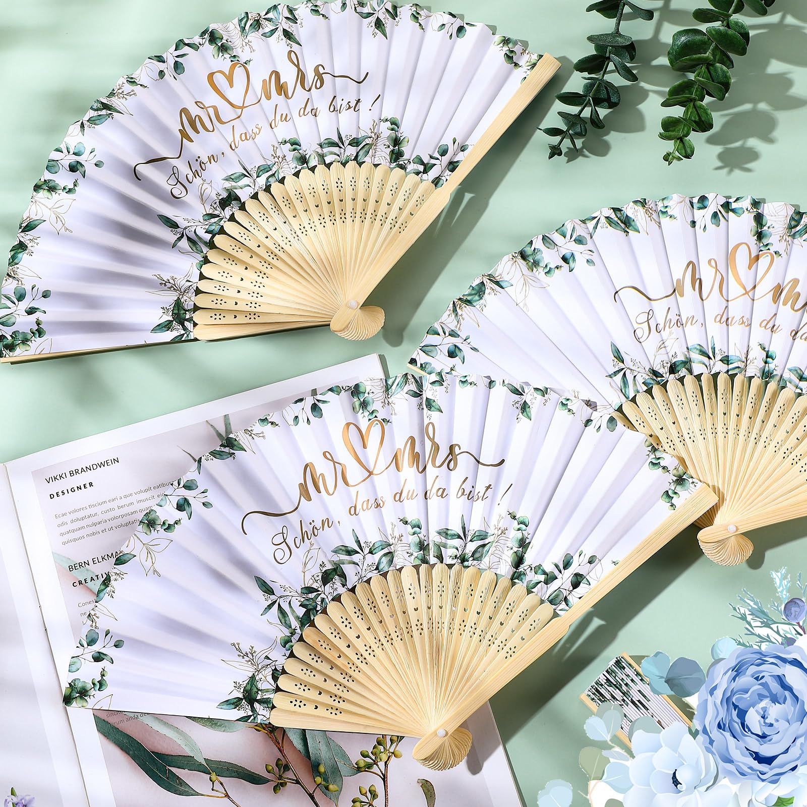 Namalu Hochzeit Handfächer Gastgeschenk Weiß Papierfächer Eukalyptus Faltbarer Taschenfächer mit Organzabeutel Bambus Klappfächer 30 Stück