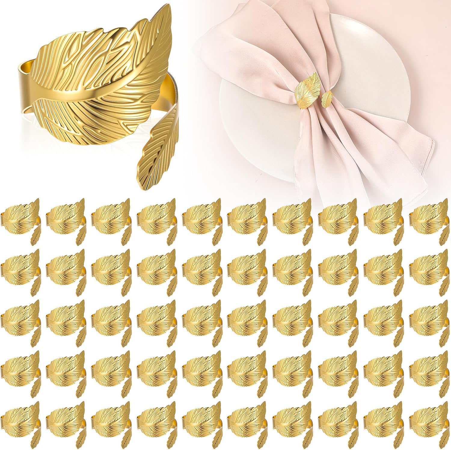 50 Pcs Gold Napkins Rings Bulk, Wedding Napkin Rings Set with Elegant Leaf Design, Premium Gold Napkin Holders for Thanksgiving Christmas Party Table Decor