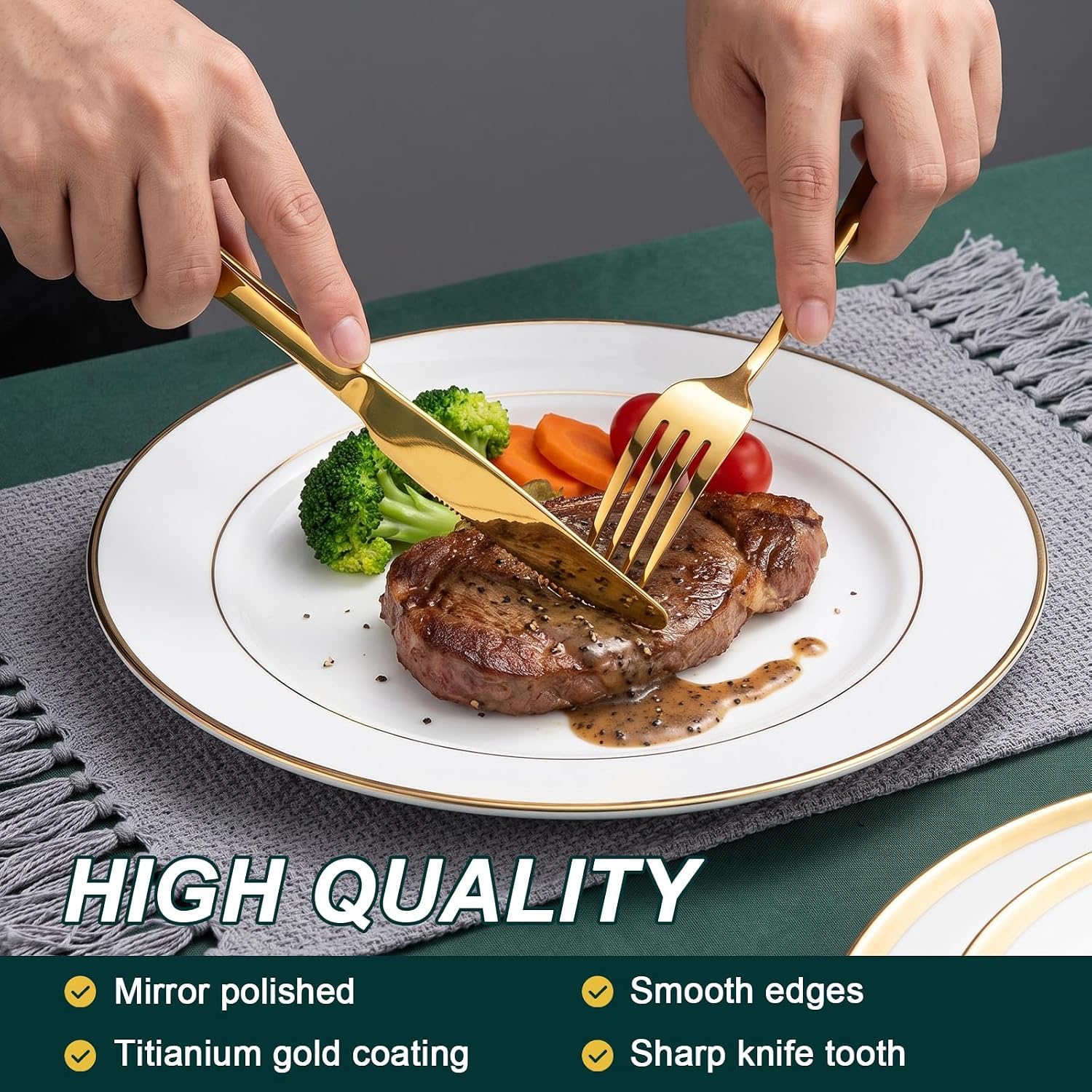 Set di posate in acciaio inox dorato, 24 pezzi, per 6 persone