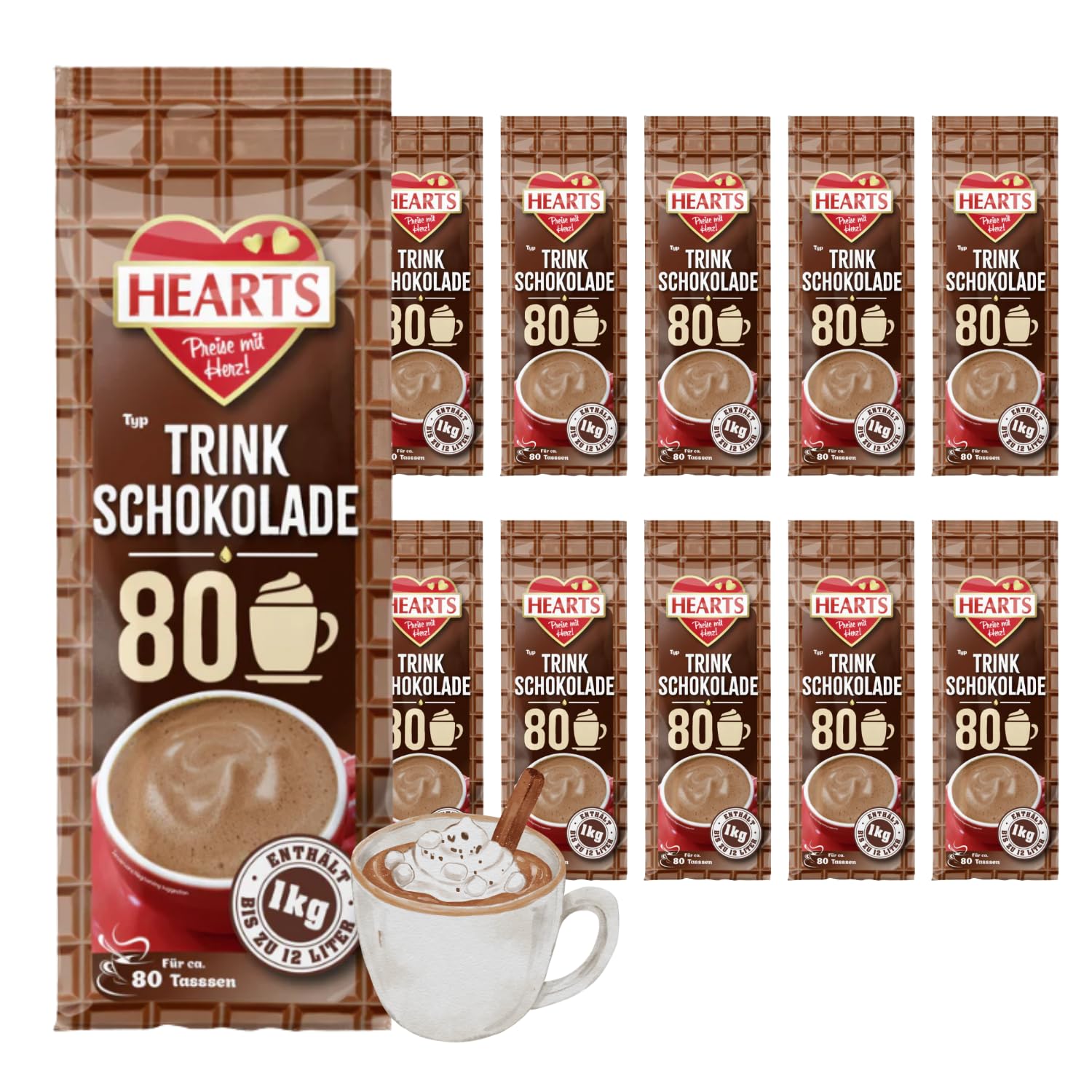 Hearts Trinkschokolade Cremiger Kakao 10 x 1kg Kakao