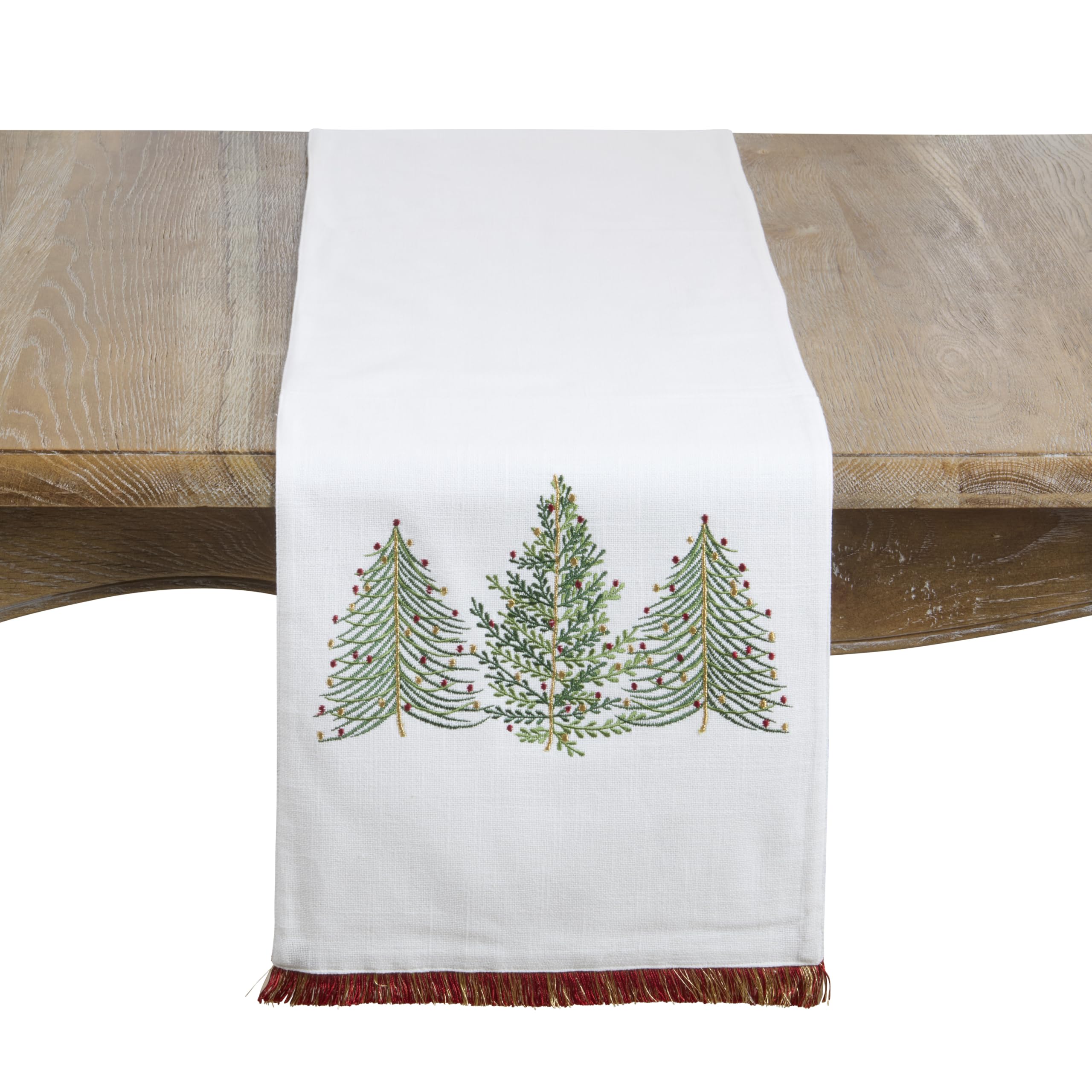 SARO LIFESTYLE Embroidered Christmas Tree Table Runner - Festive Holiday Table Runner for Christmas Dining Tables, Seasonal Entertaining, and Winter Farmhouse Tablescapes, 13"x72", Red