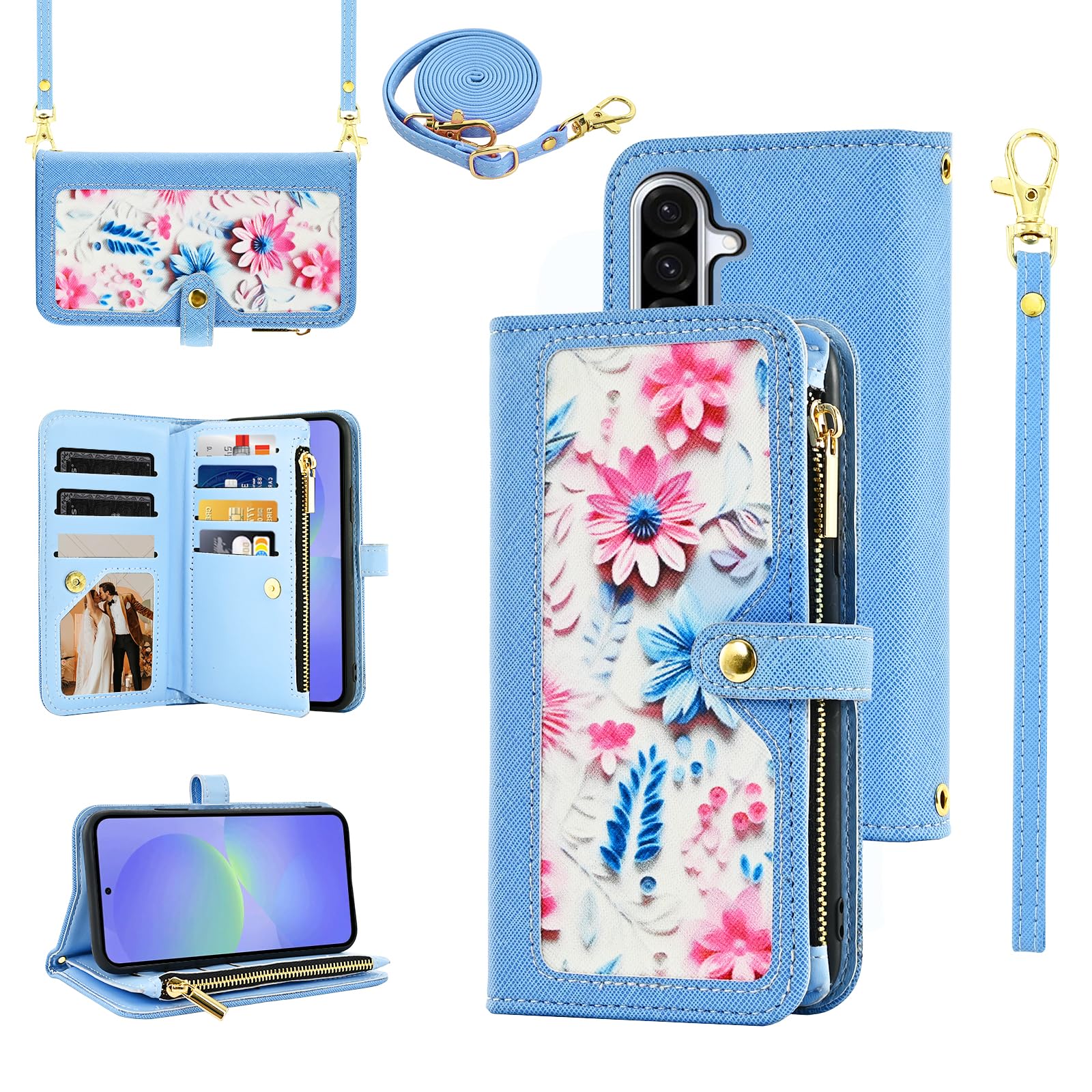 Furiet Floral Wallet Case for Samsung Galaxy A16/A26 5G with Wrist/Shoulder Strap Flip Zipper Purse Credit ID Card Holder Stand Accessories Cell Phone