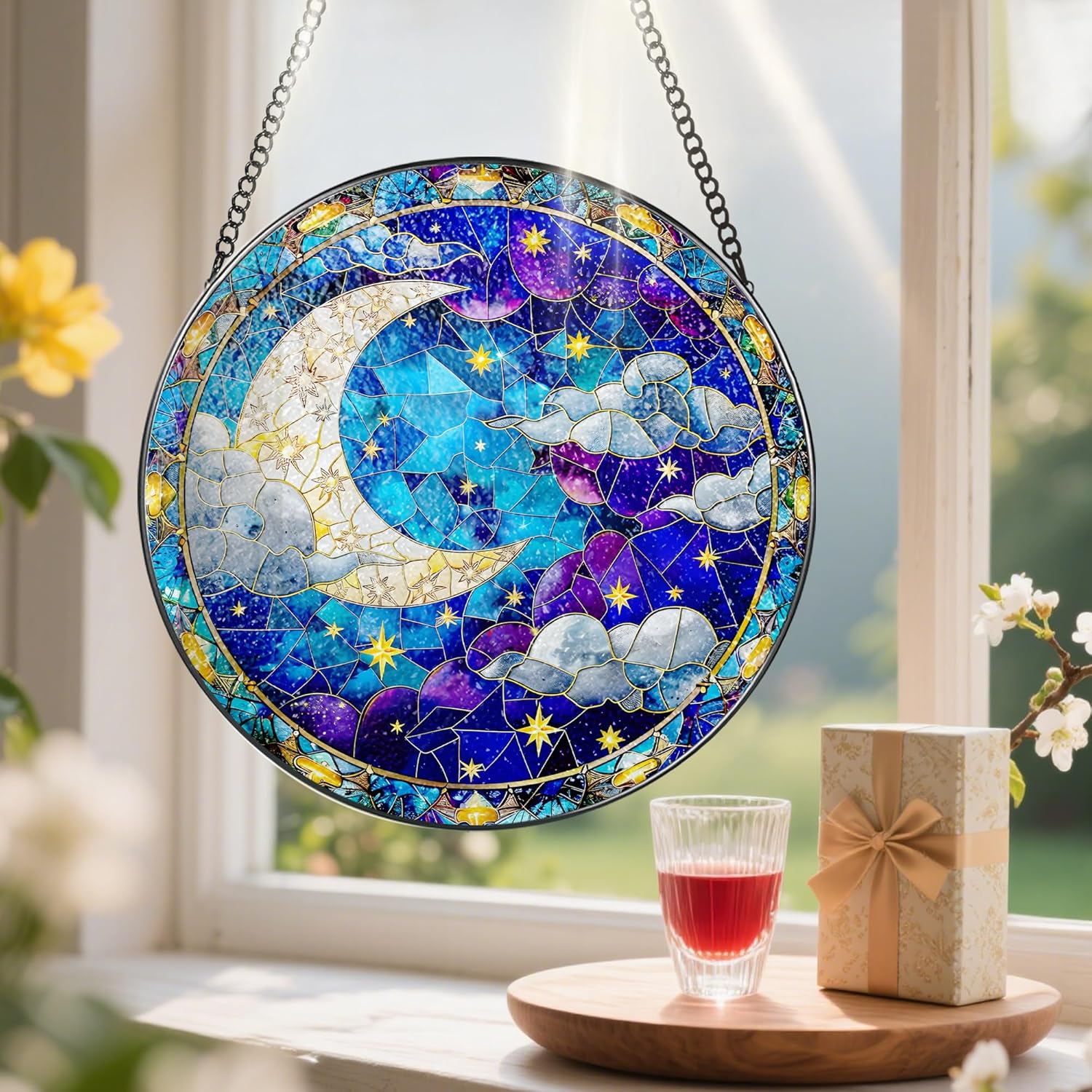 8-Inch Moon and Star Stained Glass Ornament, Stained Glass Window Hanging, Window Hanging Decor Suncatcher, Night Sky Ornament | Holiday, Mother’s Day, Housewarming | Gifts for Friend & Family - Image 6