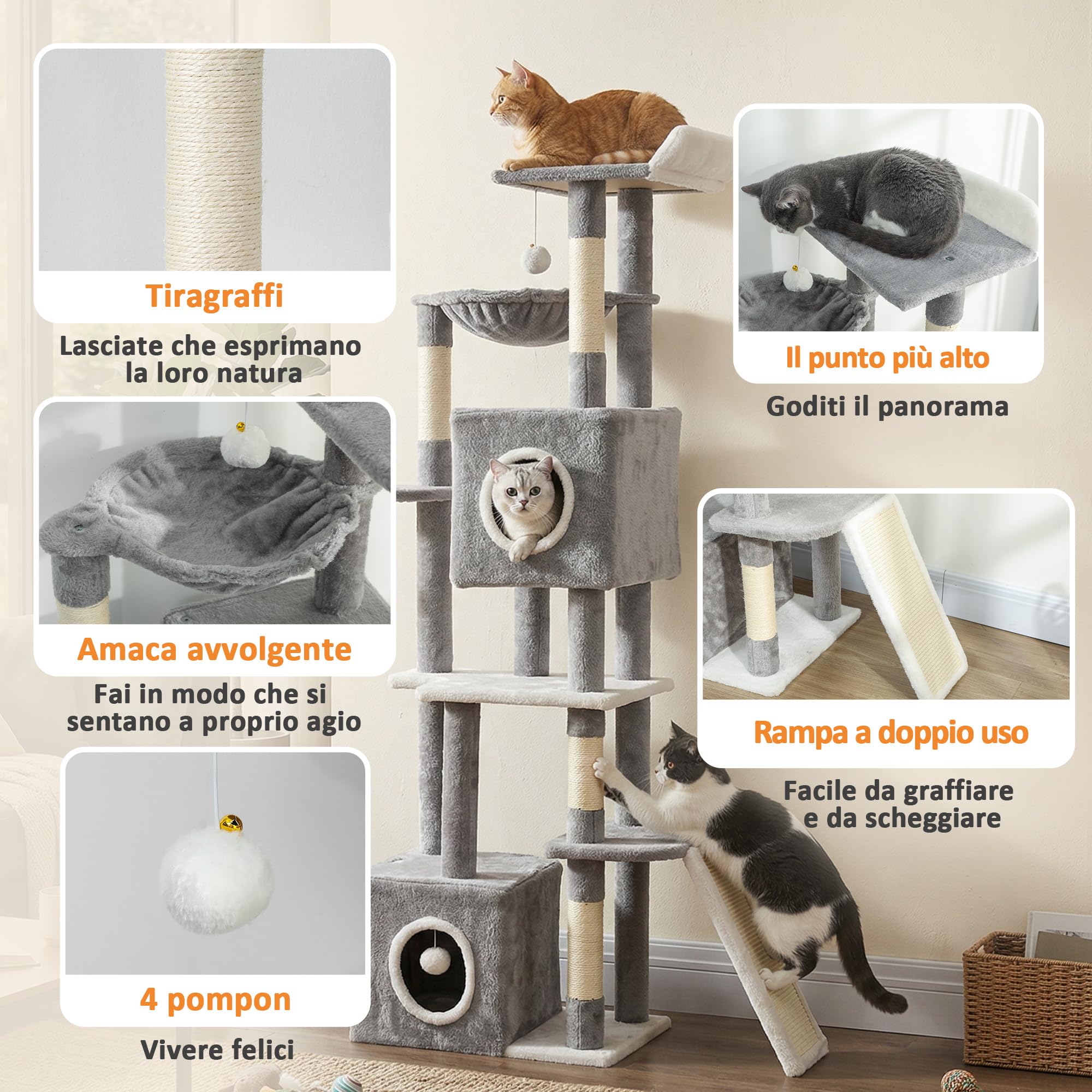 PawHut Tiragraffi per Gatti Alto 165cm con 4 Pali Graffiatoi Sisal Grigio | Albero per Gatti Multilivello, 2 Grotte, Cuccia, Amaca, 4 Pompon, Piattaforme, Rampa, Torre per Gattini, in Peluche