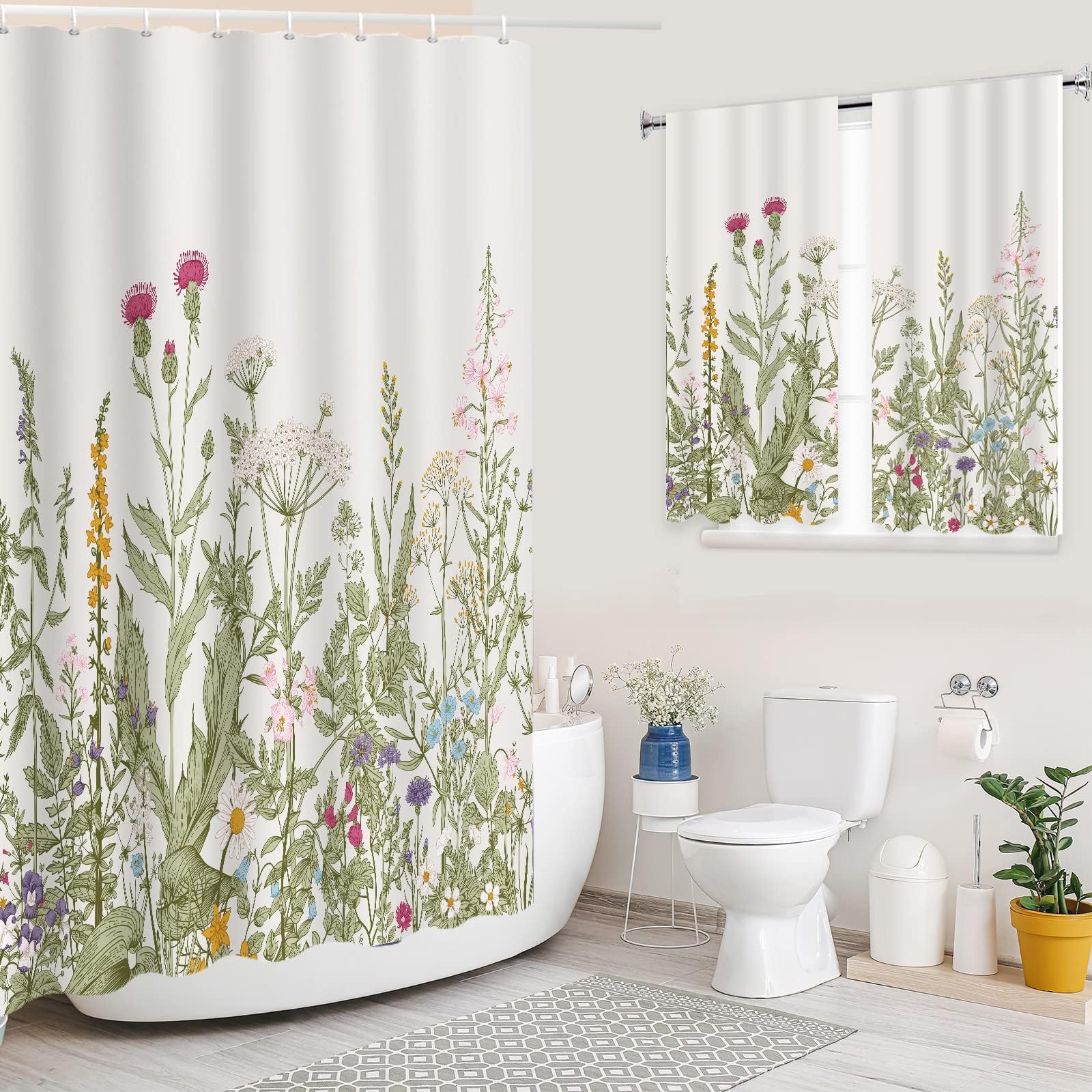 YISURE Wild Flowers Pattern Bathroom Curtain Set, White Jacquard Shower Curtain 71"x71"/180x180cm and Bathroom Curtain 30"x36"x2