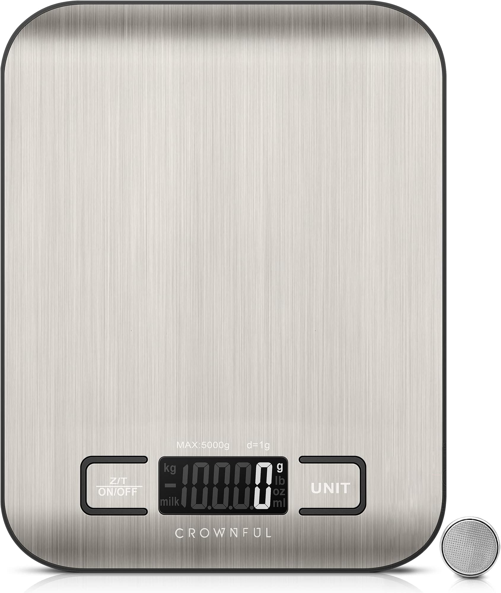 CROWNFUL Food Scale, 11 lb Digital Kitchen Scales with Built-in Coin Battery, Weight Ounces and Grams for Cooking and Baking, 6 Units with Tare Function, LCD Display, 304 Stainless Steel