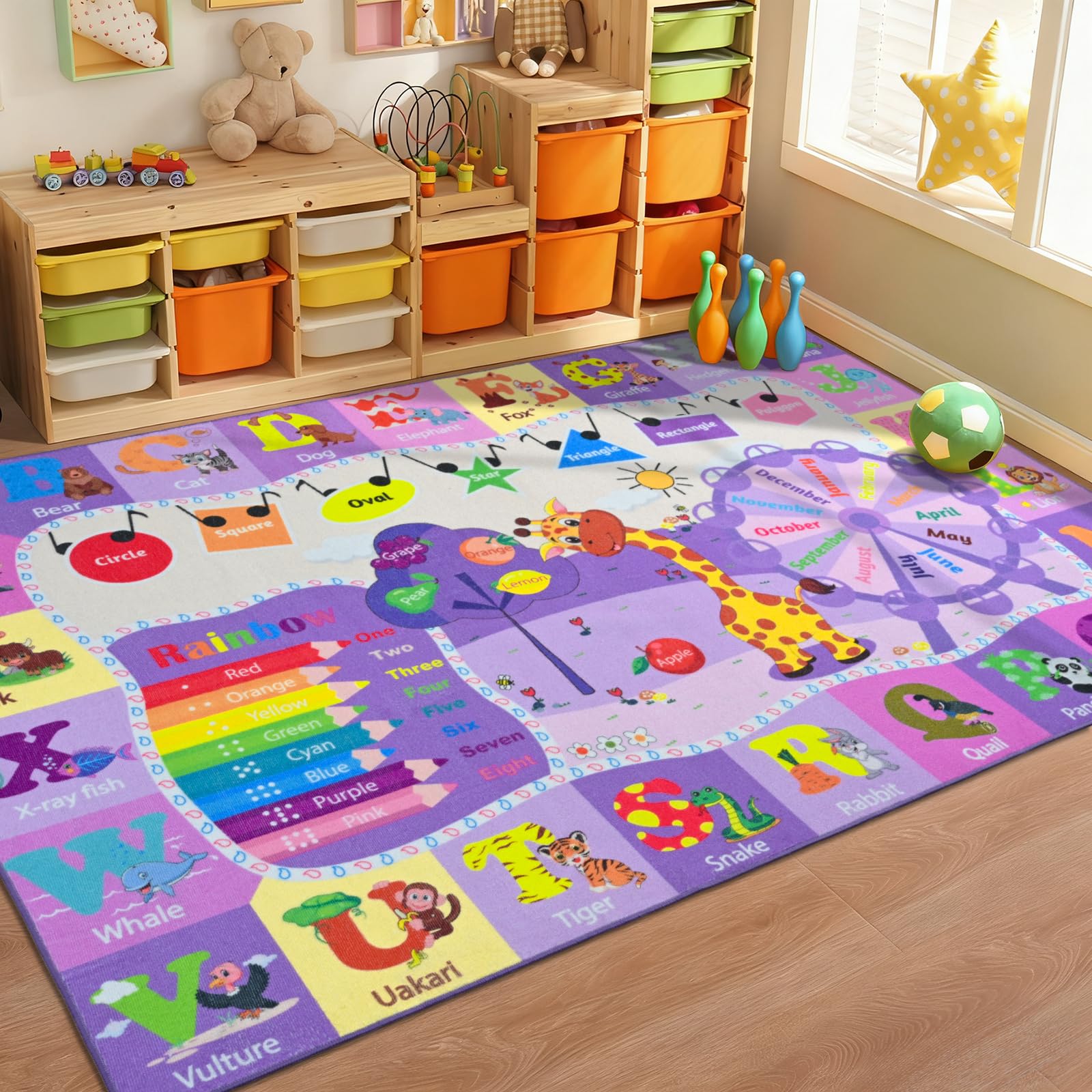 Kids Rugs for Playroom Bedroom Classroom Nursery, Non-Slip and Washable Rugs for Children Toddlers Girls, Educational and Fun Rug Carpets with ABC Alphabet Animals Shapes, 5x7, Purple