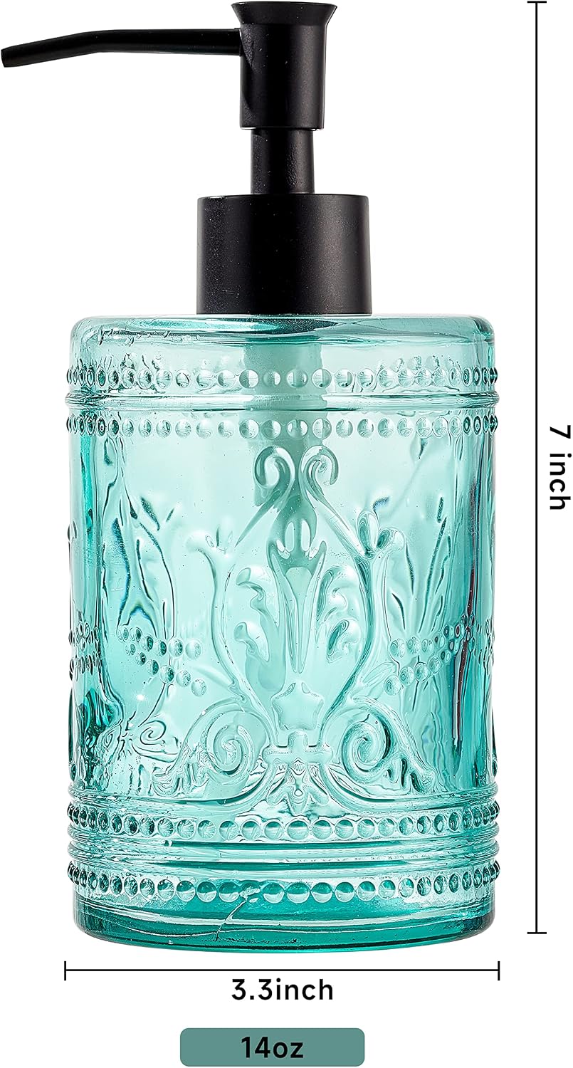 KMWARES Heavy Weight Teal Blue Glass Hand Soap/Lotion Dispenser Bathroom Accessories with Decorative Pressed Pattern