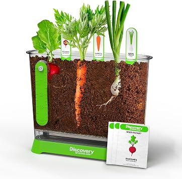 DiscoveryTM Edible Veggie Garden Watch-It-Grow Kit DIY STEM Activity for Kids | Grow Carrots, Radishes & Onions| 11-Piece Science Kit with Seeds, Potting Mix & Root Tracker| Learning Toy Gift Ages 6+