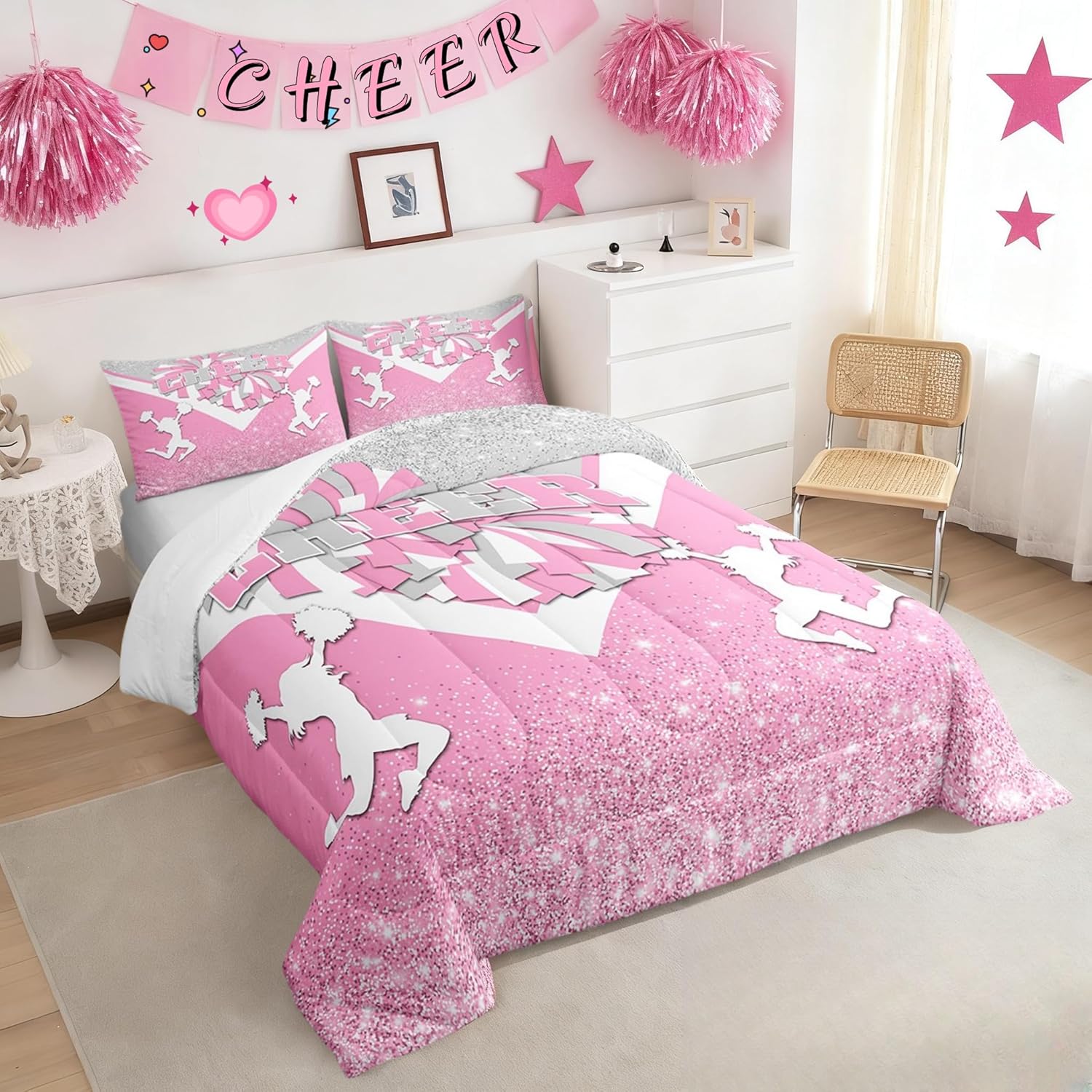 Castle Fairy Cheerleading Theme Comforter Queen,Girls Women Pink Dreamy Splicing Grey Pink Quilt Comforter with 2 Pillowcases,Modern Fashion Luxury Sequin Print Bedding Set Soft and Breathable
