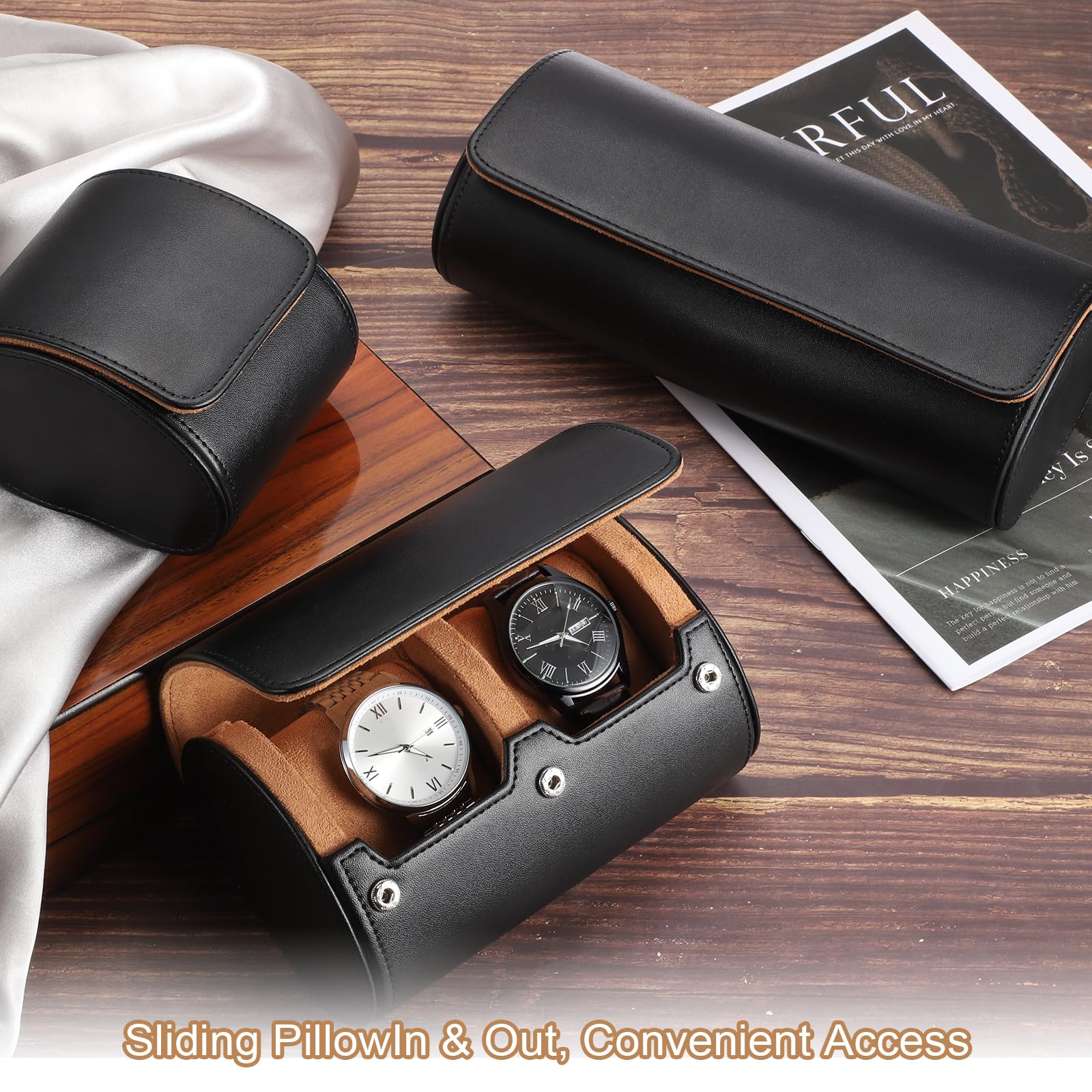 Custodia da viaggio per orologio da uomo in pelle, astuccio arrotolabile per orologio, scatola portaoggetti portatile per orologio, ideale per Natale, compleanno e anniversario, con 2 scomparti (ner
