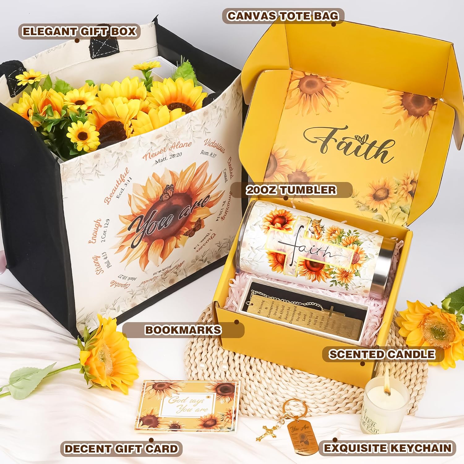 Sunflower Christian Gifts Set for Women - Inspirational Birthday Basket with Faith Theme Tumbler Tote Bag, Encouragement Thank You Present for Mom, Sister, Friends - Image 2