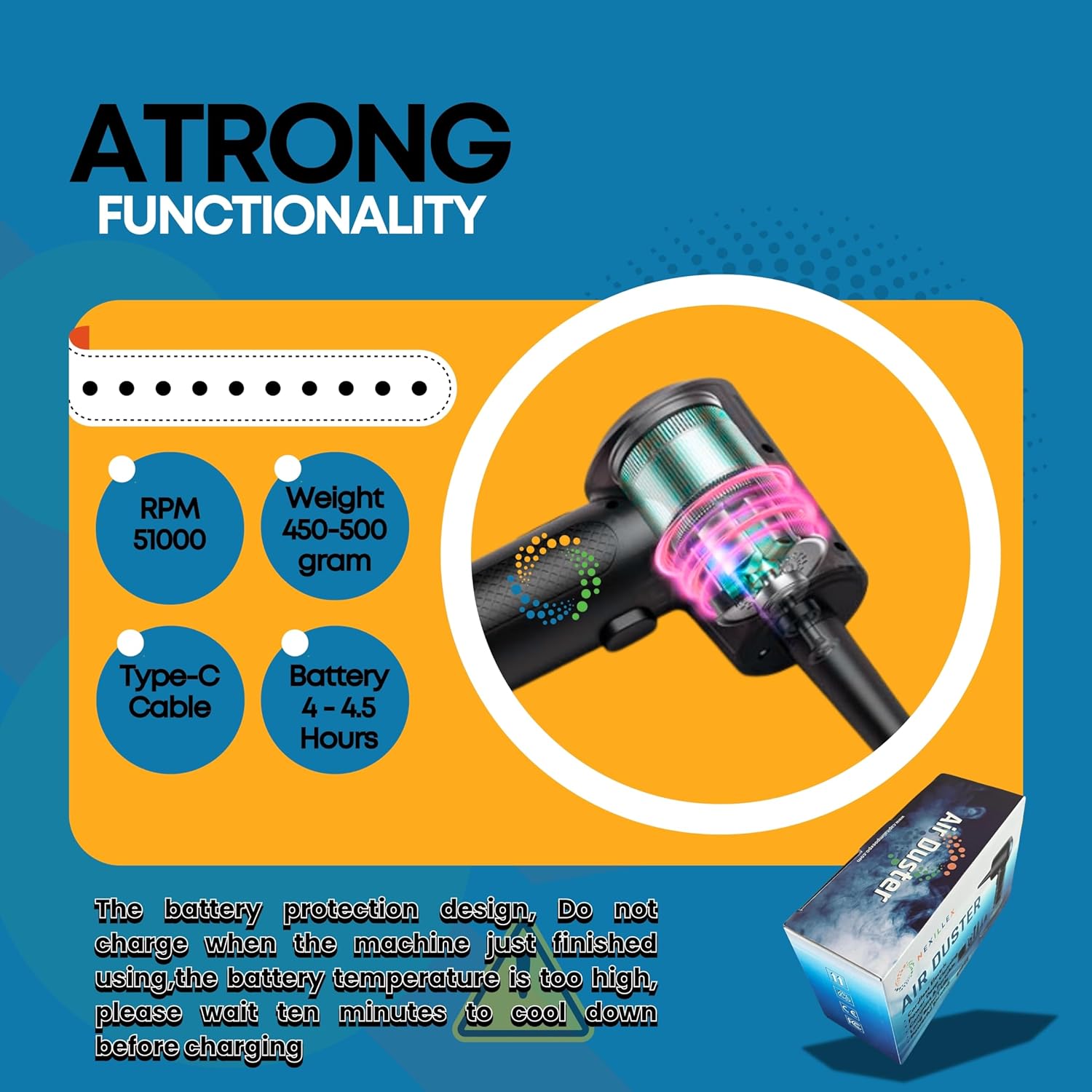Cordless Electric Air Duster C4915 – 68W 390 Brush Motor, 51000 RPM, 6,000mAh Li-Ion Battery, Fast 3-4 Hour Recharge, Ideal for PC, Keyboard, and Electronics Cleaning