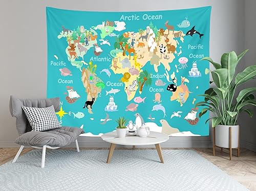 Miniatura 5 de BELECO Tapiz de mapa del mundo para colgar en la pared, diseño de criaturas marinas de animales y animales, tapiz para decoración de habitación de