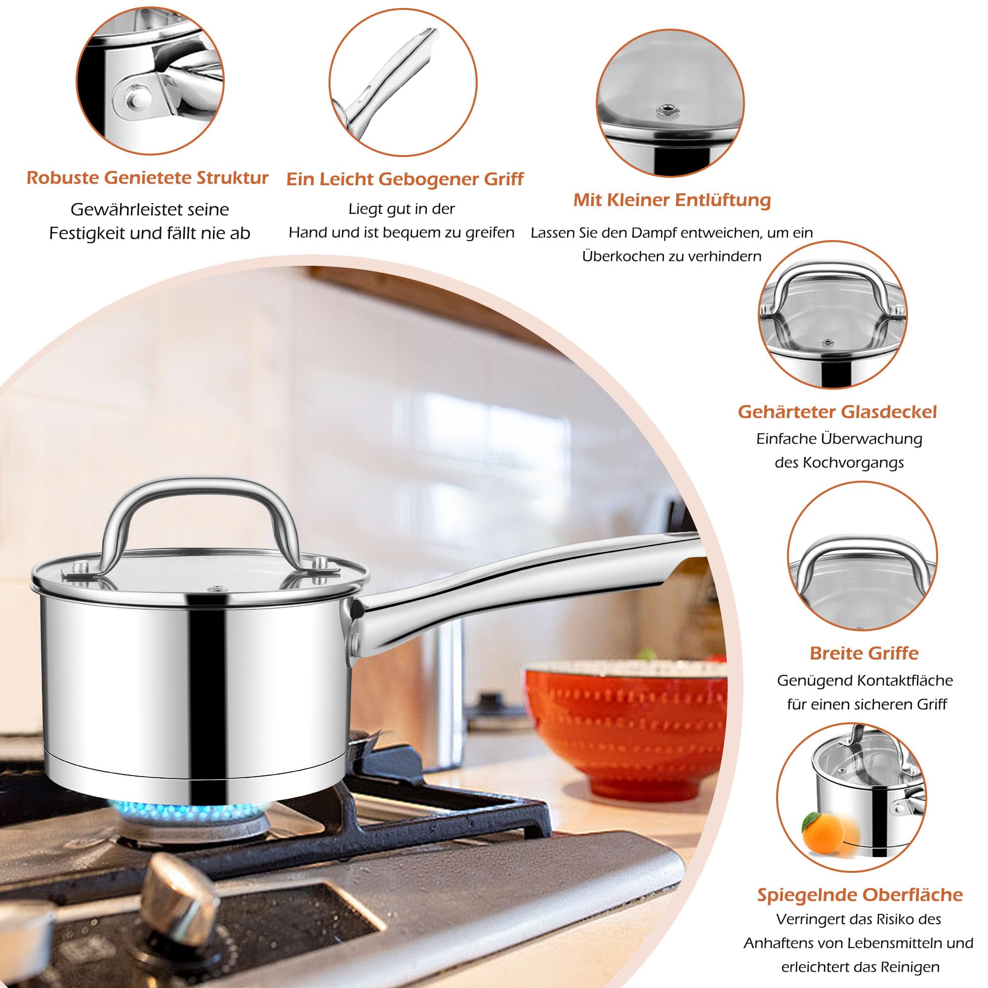 Homikit Rondel 14 cm, stal nierdzewna, mały garnek na mleko ze szklaną pokrywką, 3-warstwowe dno do wszystkich rodzajów kuchenek, garnek indukcyjny 0,95 l, na małe porcje, niemalowany i nadaje się do