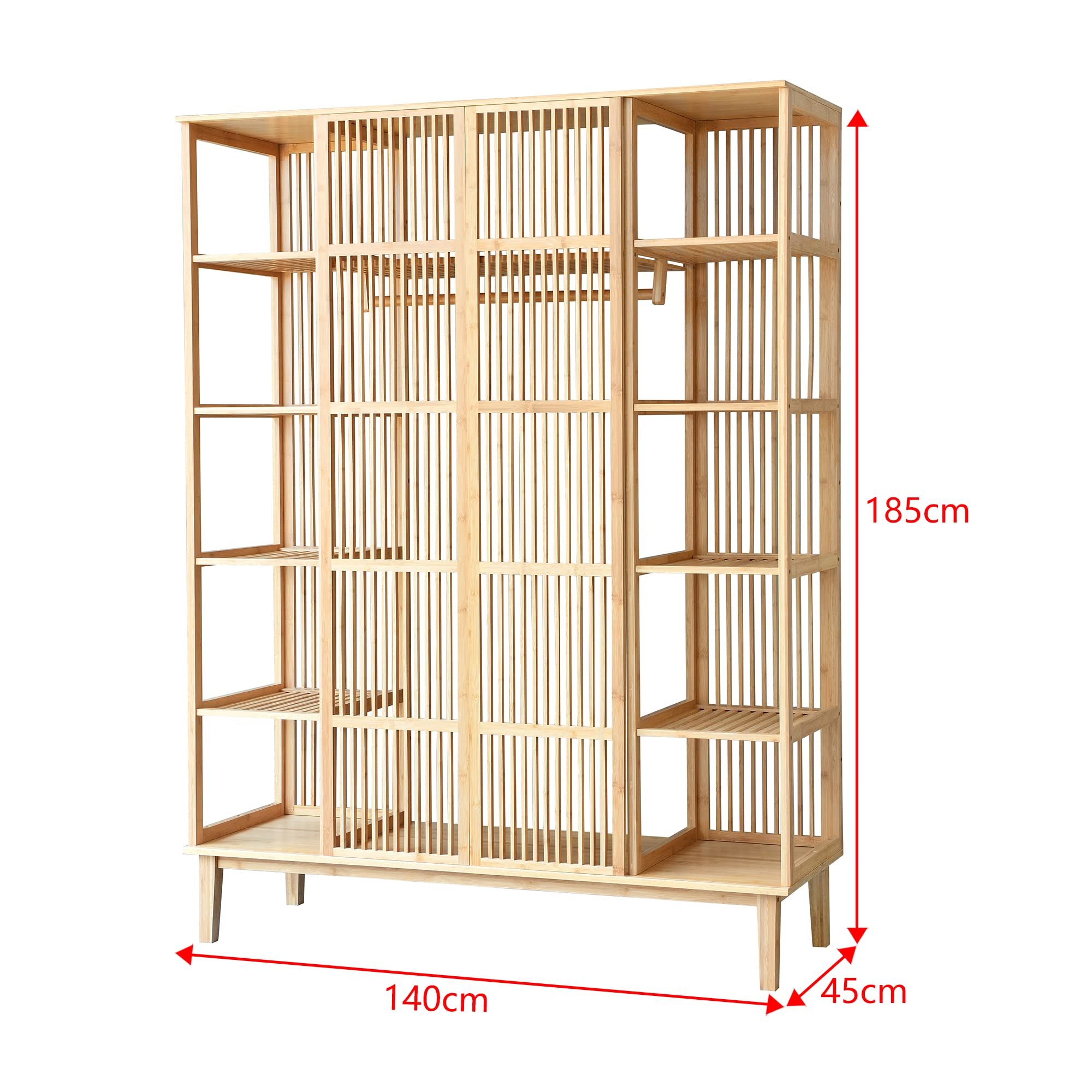 [en.casa] Garde-Robe Solide à 2 Portes Coulissantes Portant avec Étagère Meuble de Rangement 12 Surfaces de Stockage Tringle Bambou 185 x 140 x 45 cm Naturel