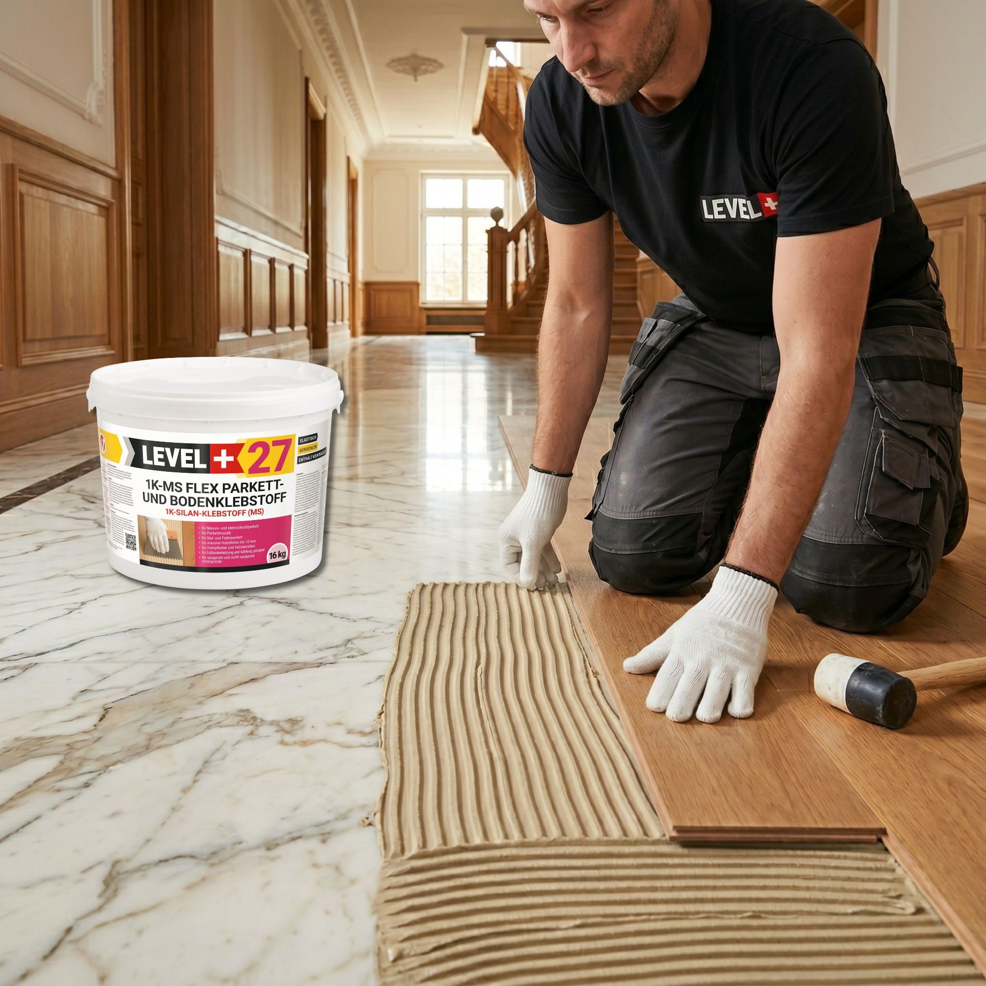 Level+27 Colla per parquet, 7 kg + spatola dentata B11, colla Flex Silan 1K-MS per parquet, sughero e pavimenti in legno