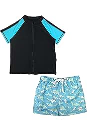 SwimZip Boys Short Sleeve Rash Guard Swimsuit & Shorts | Blue Sharks 6-12 Month