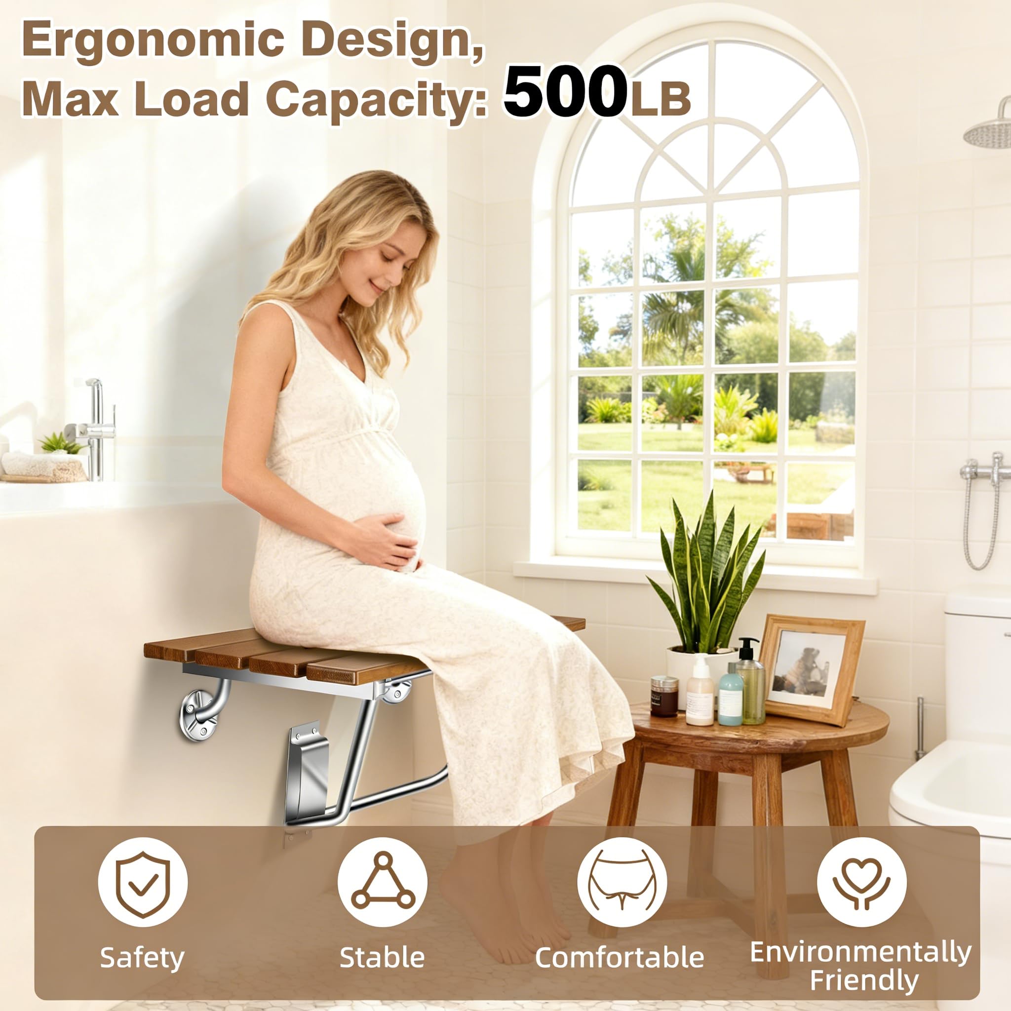 Asiento de ducha plegable de 20 pulgadas montado en la pared, banco de ducha plegable con soporte de acero inoxidable, capacidad de carga de 500 libras, silla de ducha plegable de teca para ancianos
