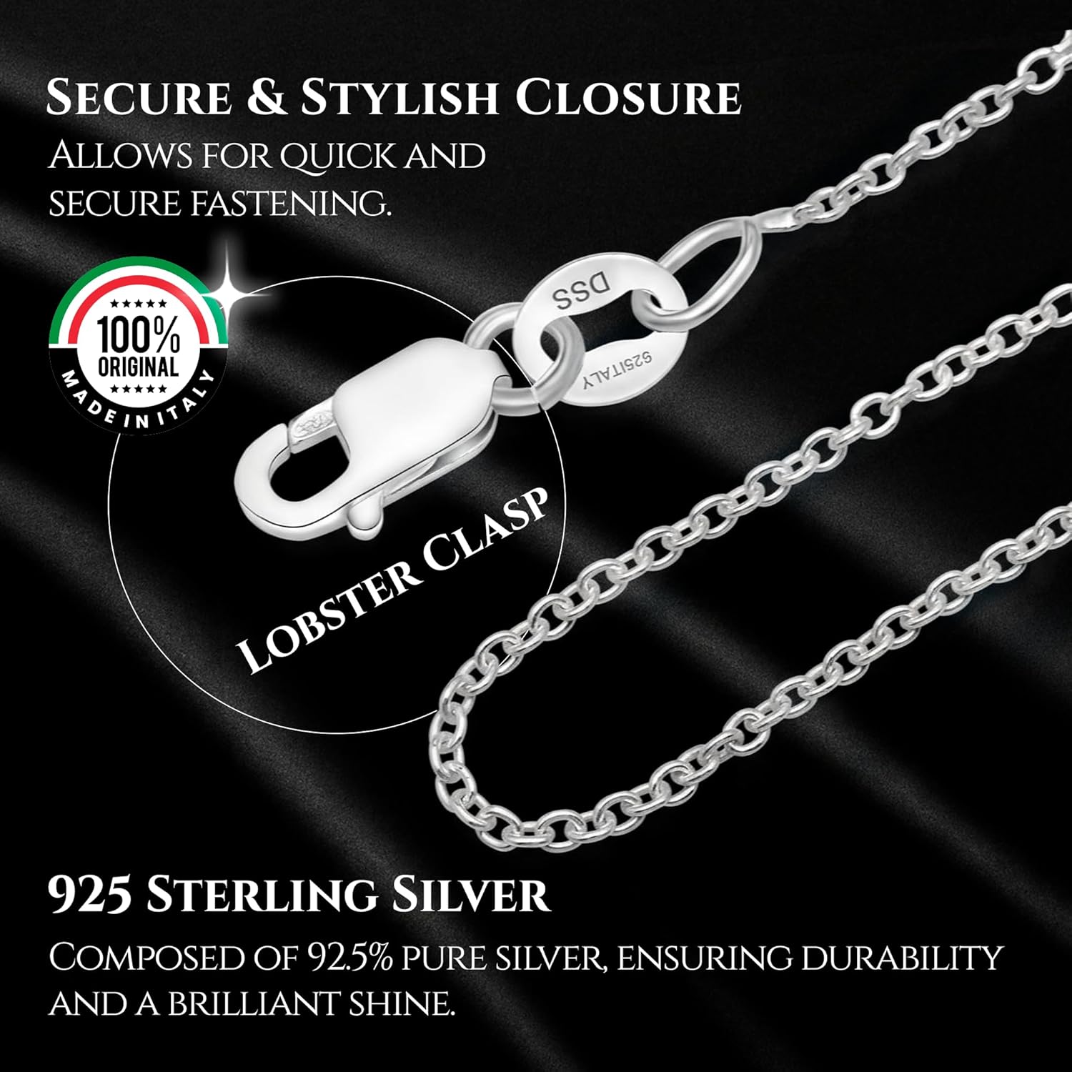 DSS 925 Sterling Silver Necklace for Women, Cable Chain 0.8mm, Lobster Claw Clasps, Sterling Silver Chain, Italian Jewelry for Women, 16in - 30in
