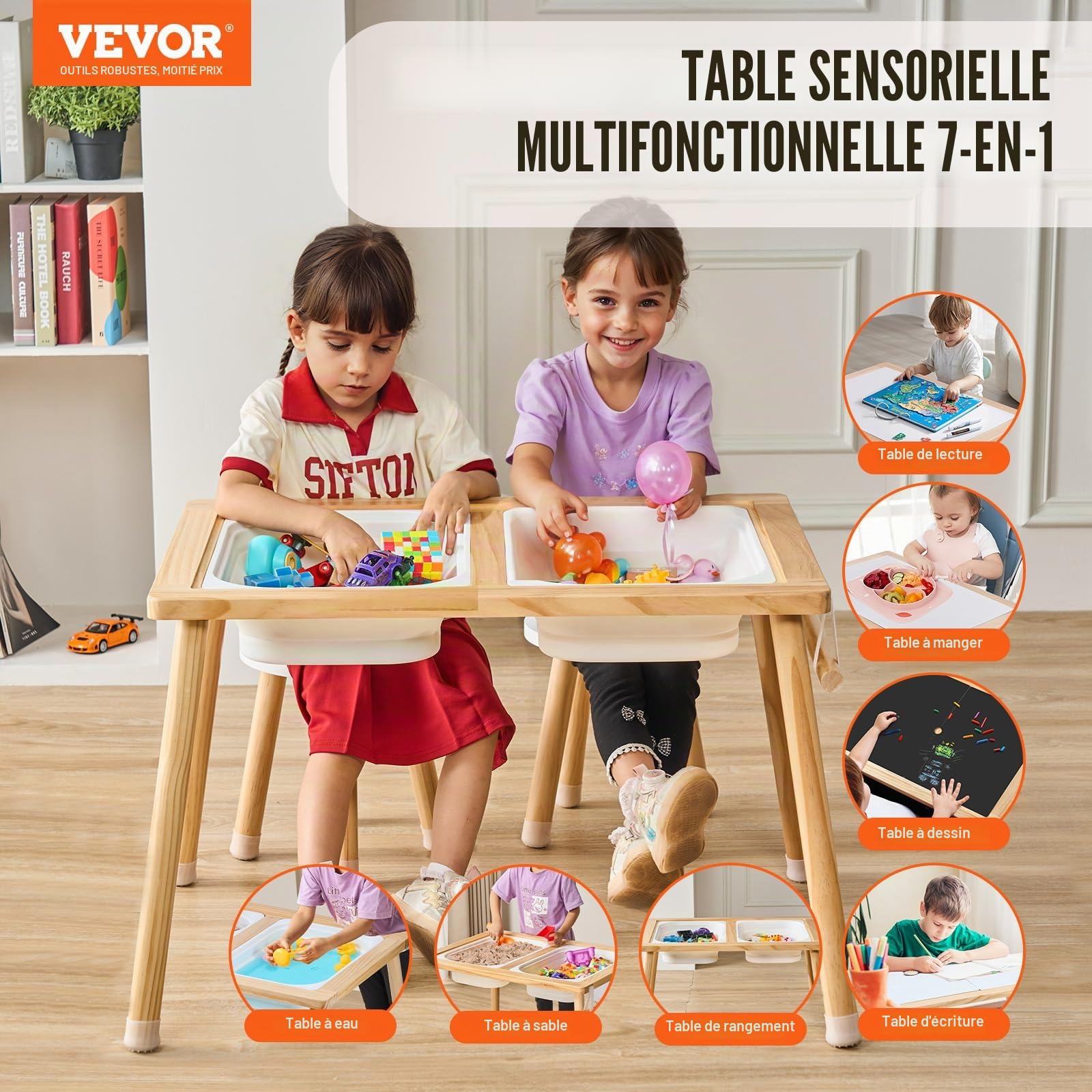 VEVOR Table d'Activités pour Enfants, Table d'Exploration Sensorielle avec 3 Bacs de Rangement et 1 Porte-Papier, Table d’Eau et de Sable en Bois, Intérieure/Extérieure, pour Dessiner et Étudier