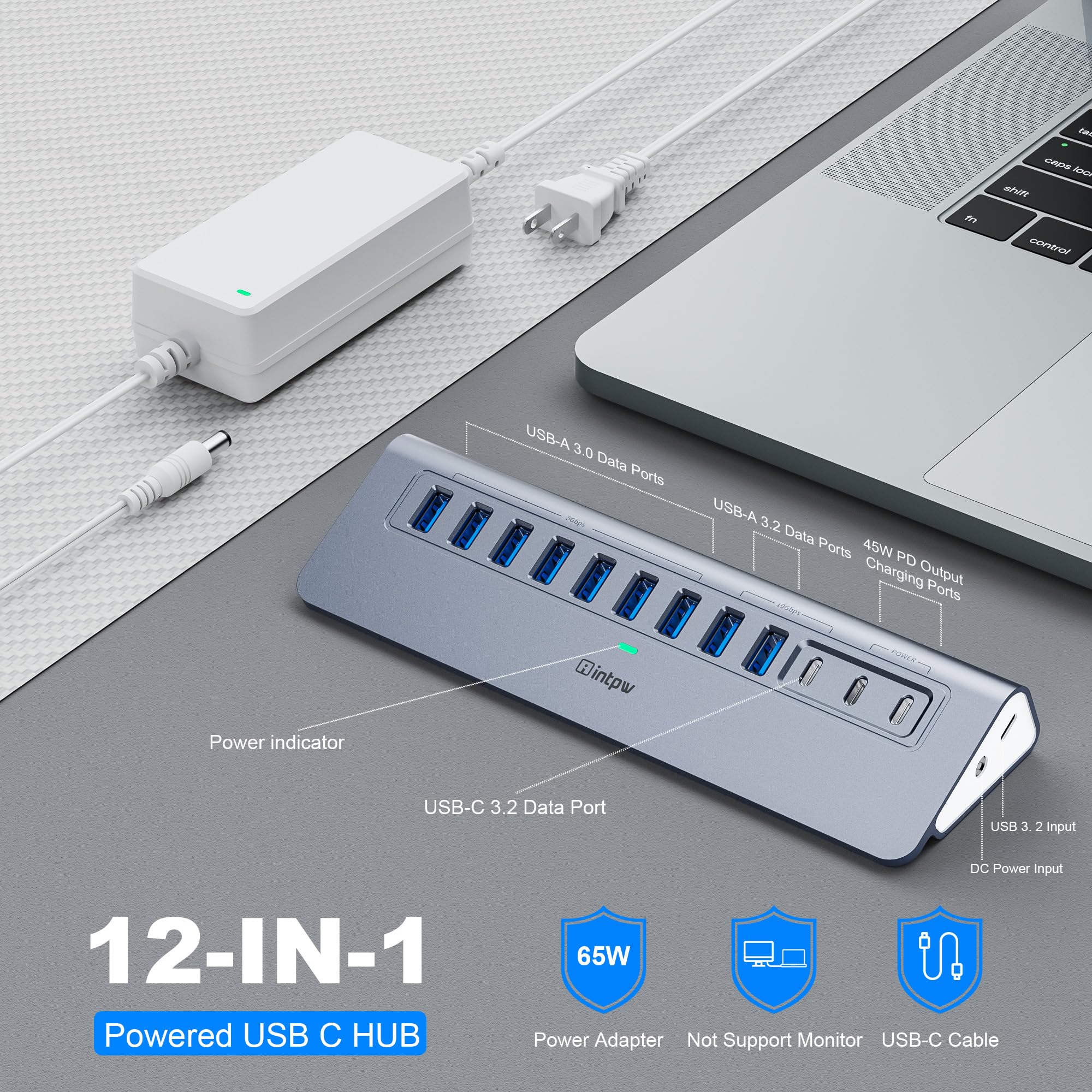 YH9AC - Concentrador USB alimentado de 10 Gbps, divisor USB de 12 puertos con USB A/USB C 3.2, 4 USB 3.0, 2 puertos de carga PD de 45 W, adaptador de corriente de 65 W + cable de 3.3 pies