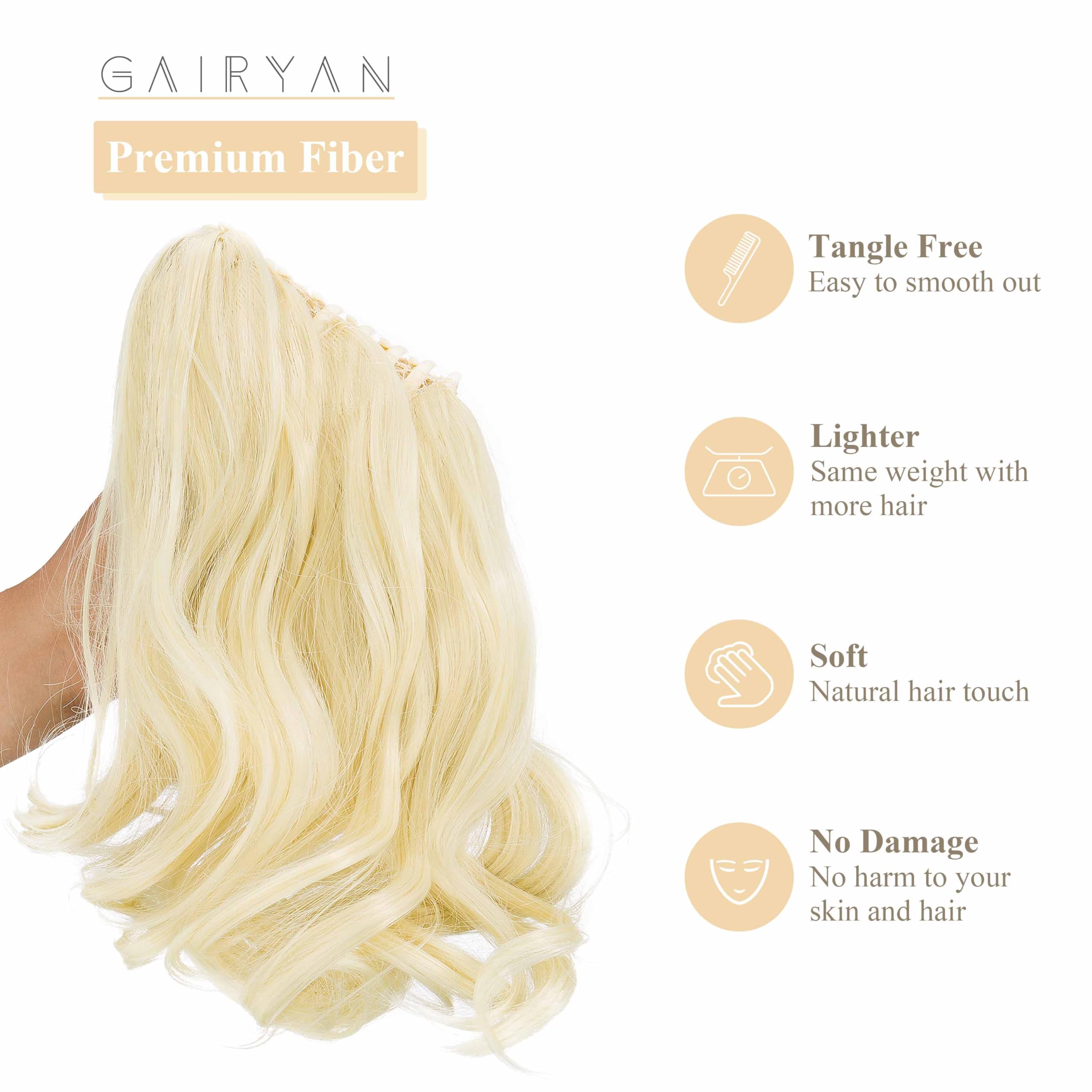 Gairyan 10" Clip in Ponytail Hair Extensions Curly Ponytail Extension Claw on Pony tails Wavy Synthetic Hairpieces for Women Real Natural Short Wave, Bleach Blonde - Image 3
