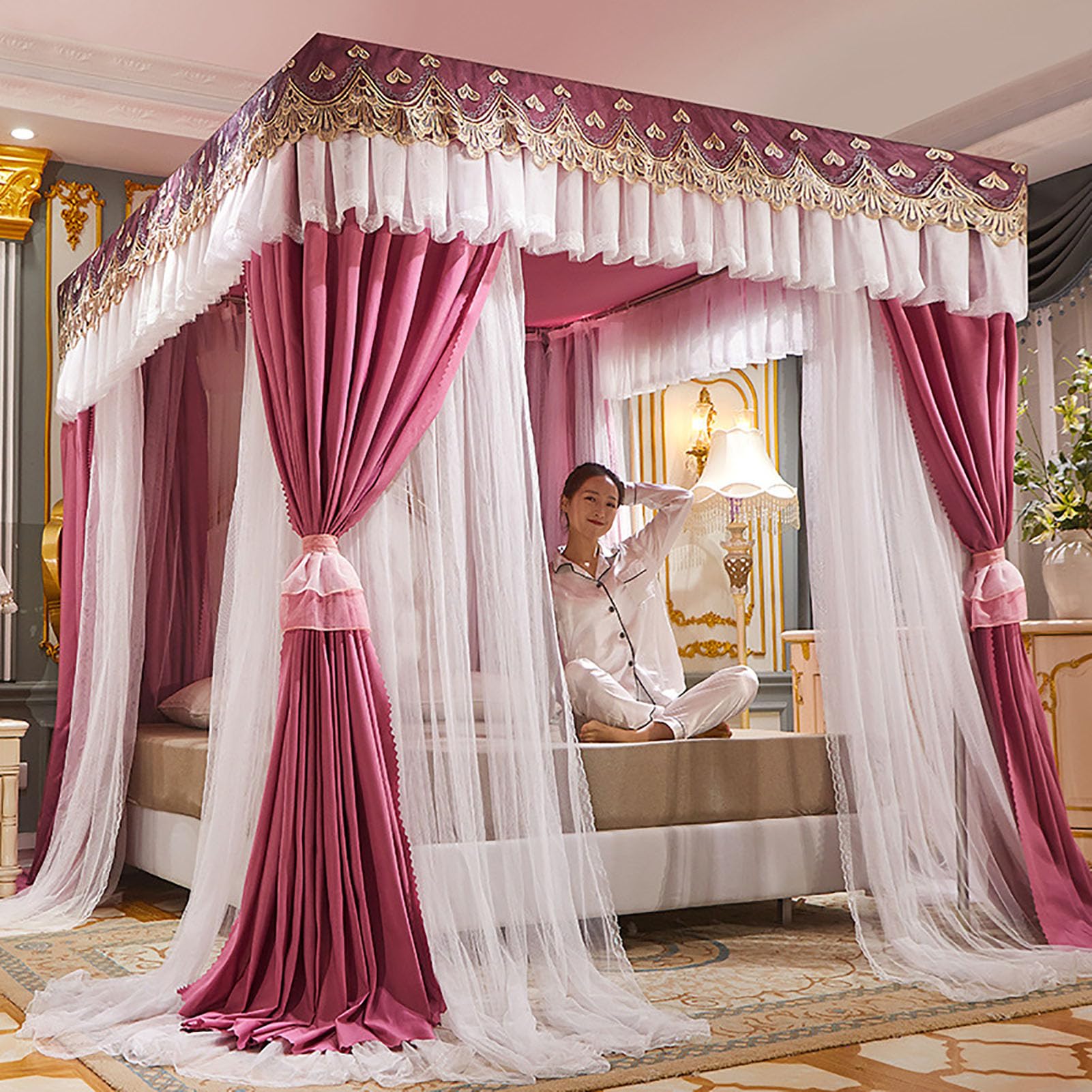 Baldaquin de lit double couche rose 180x220cm BK&MF