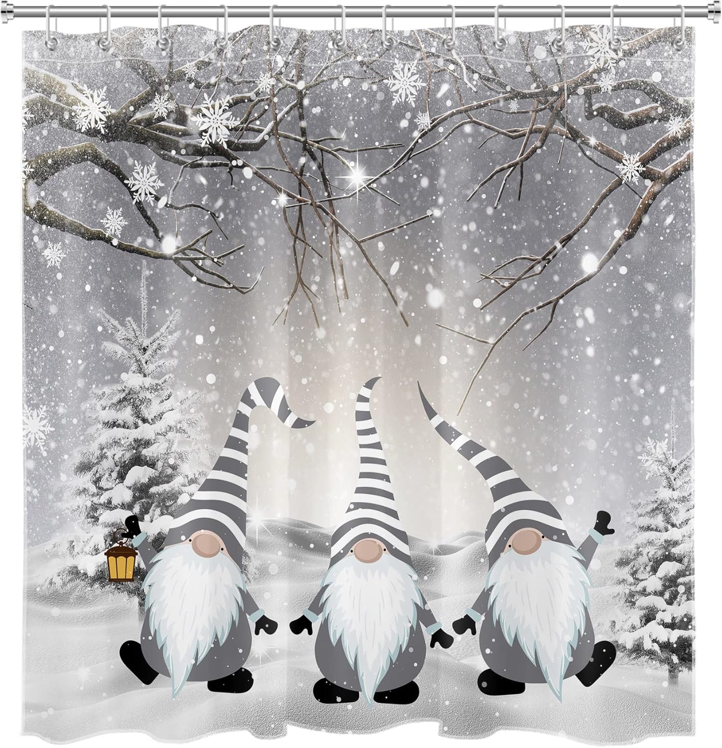LB Christmas Winter Shower Curtain for Bathroom, Funny Grey Gnome on White Snowfield Snowflake Fabric Shower Curtain with Hooks, Pine Tree Covered with Snow Bathroom Curtains Shower Set, 72x78 inches