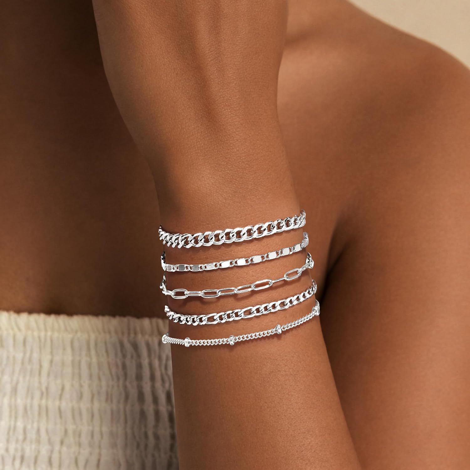 Gold Bracelets Set for Women Non Tarnish Trendy,14K Gold Plated Dainty Stackable Paperclip Cuban Link Chain Bracelets, Simple Cute Cuff Bracelets Jewelry Set Adjustable 7"+2" - Image 3