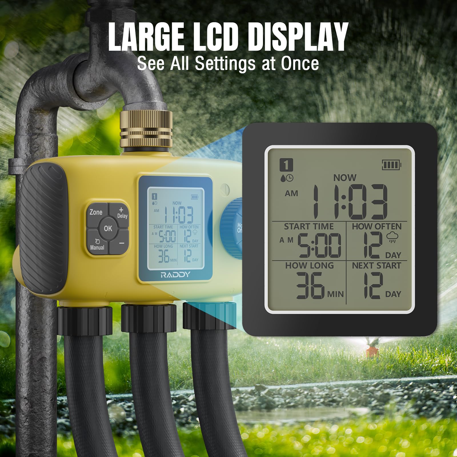 Raddy WS-8 Sprinkler Timer 3 Zone, Smart Water Time automatyczny zegar nawadniania z ręcznym podlewaniem, opóźnienie deszczu, duży wyświetlacz LCD, wodoodporność IPX5 do ogrodów, żółty
