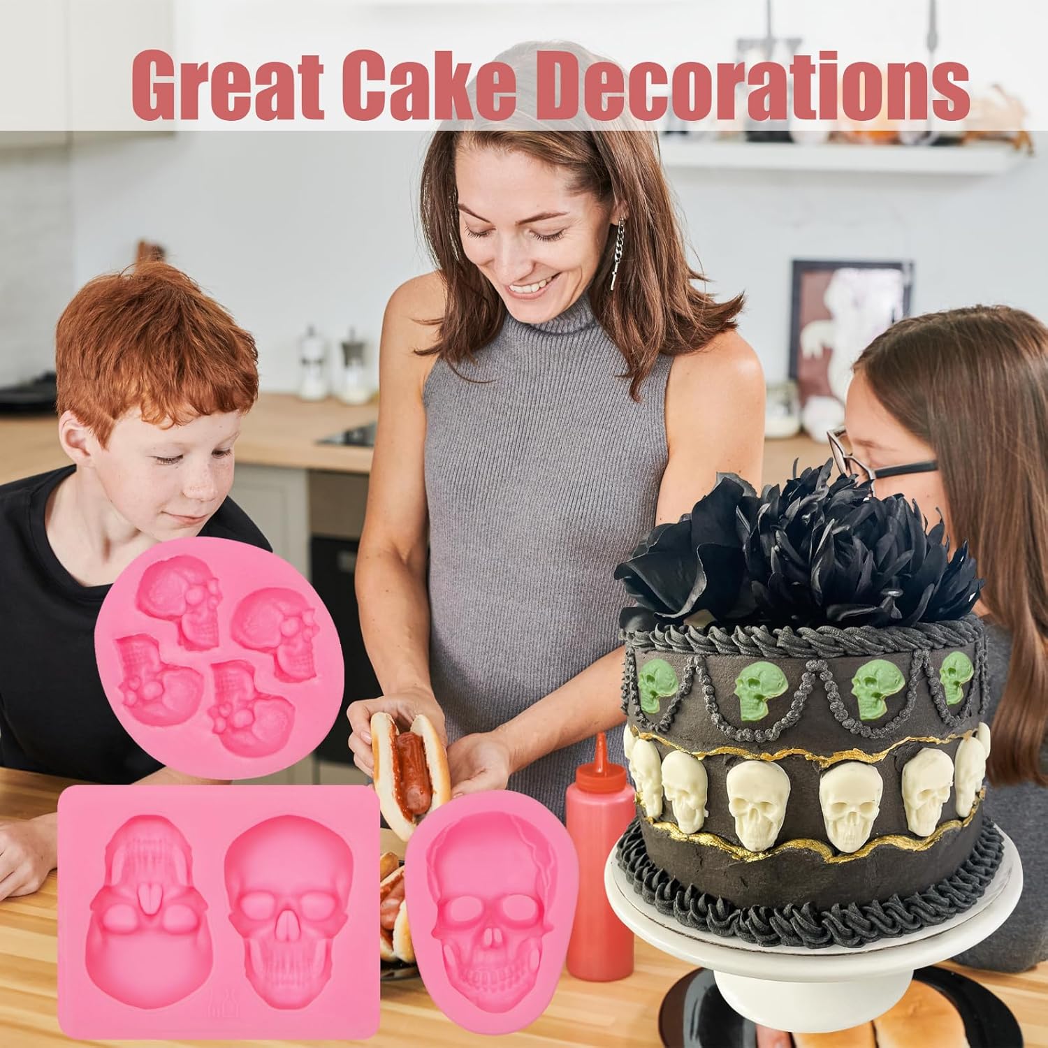 3D Skeleton Skull Halloween Silicone Fondant Molds 3 Pcs, Halloween Party Chocolate Candy Clay Moulds for for Cake Decoration Sugar Cupcake Topper Cake Pop Popsicle Polymer Clay Crafts - Image 5