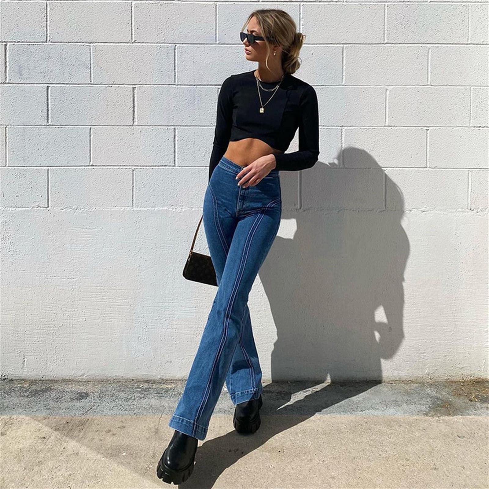 UKKO Jeans da Donna Fashion Blare Pants Skinny Retro Slim Bell Bell Bottoms Blue Jeans