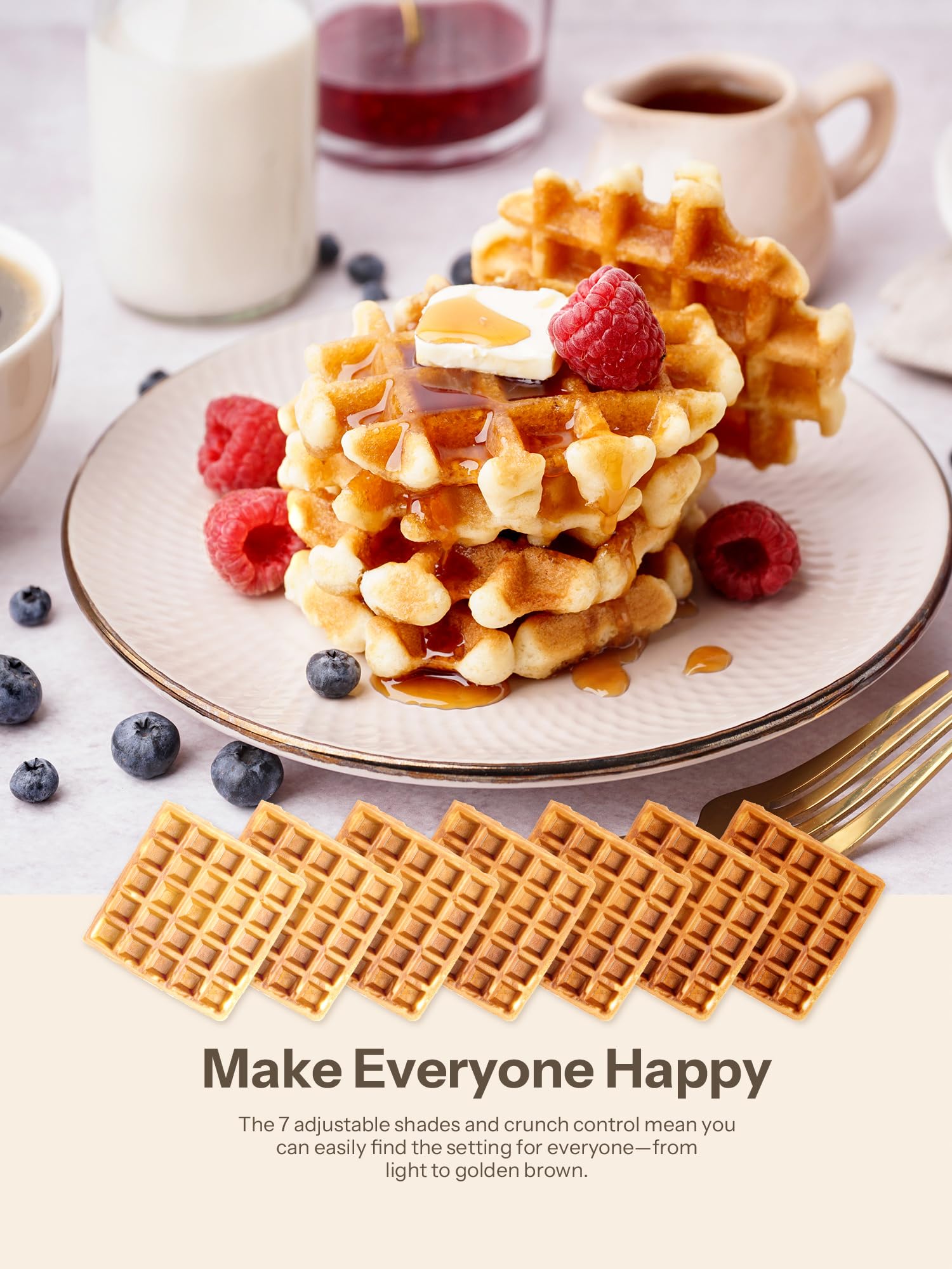 Waffeleisen 1600W, Doppelwaffeleisen für Belgische Waffeln, 5 Programme, 7 Bräunungsstufen, Steuerung über LCD Display, Timer, Praktische Überlaufrille, Edelstahl (Black)