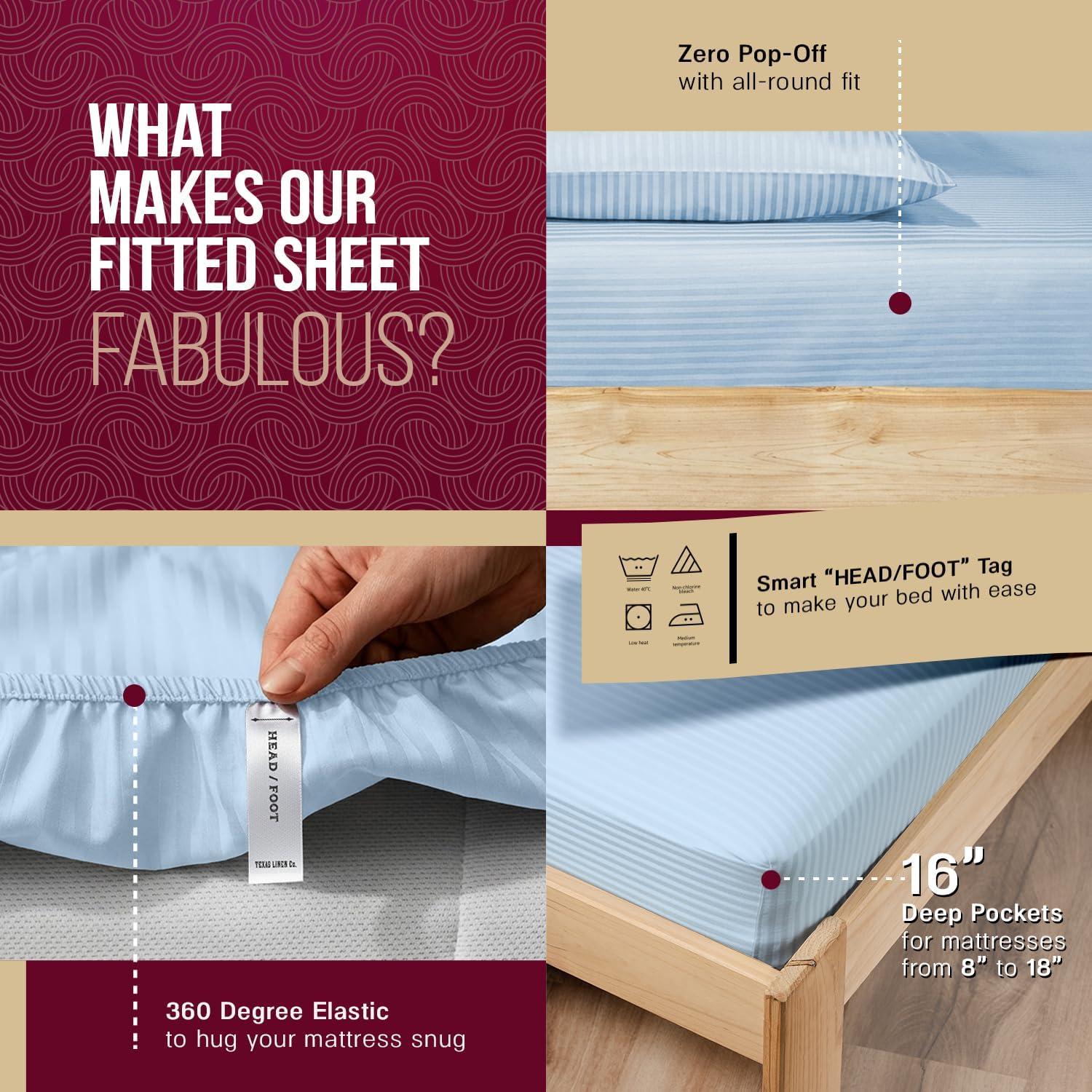 TEXAS LINEN CO. 100% Egyptian Cotton Sheets Queen Size Bed Set - Luxury 800 Series Happy Hushin' Damask Queen Sheet Set (4 PC, Light Blue Stripe), Breathable Elasticized 16" Deep Pocket Hotel Sheet