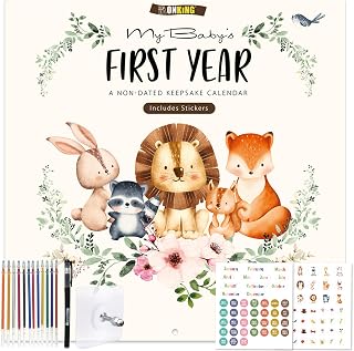 Baby's First Year Calendar with Stickers - 1st Year Tracker and Memory Book for Girls and Boys - Document and Cherish Milestones with Pocket and Drill Free Adhesive Hook