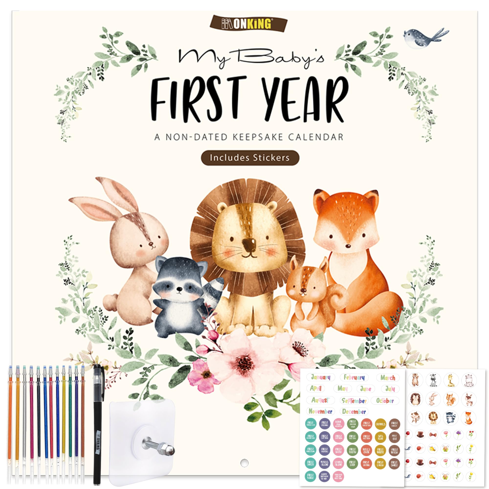 Baby's First Year Calendar with Stickers - 1st Year Tracker and Memory Book for Girls and Boys - Document and Cherish Milestones with Pocket and Drill Free Adhesive Hook