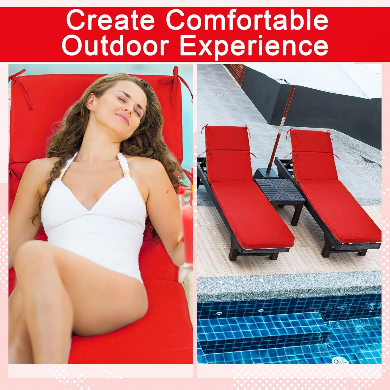 2 Pcs Indoor Outdoor Chaise Lounge Cushions Sponge Bench Outdoor Furniture Chaise Cushions Patio Chair Furniture Replacement (Bright Red)