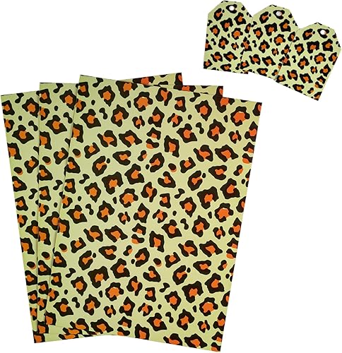 Miniatura 2 de MAYPLUSS Juego de hojas de papel de regalo, plegadas planas, 3 hojas con 3 etiquetas de regalo, diseño estampado de leopardo (22.6 pies cuadrados),