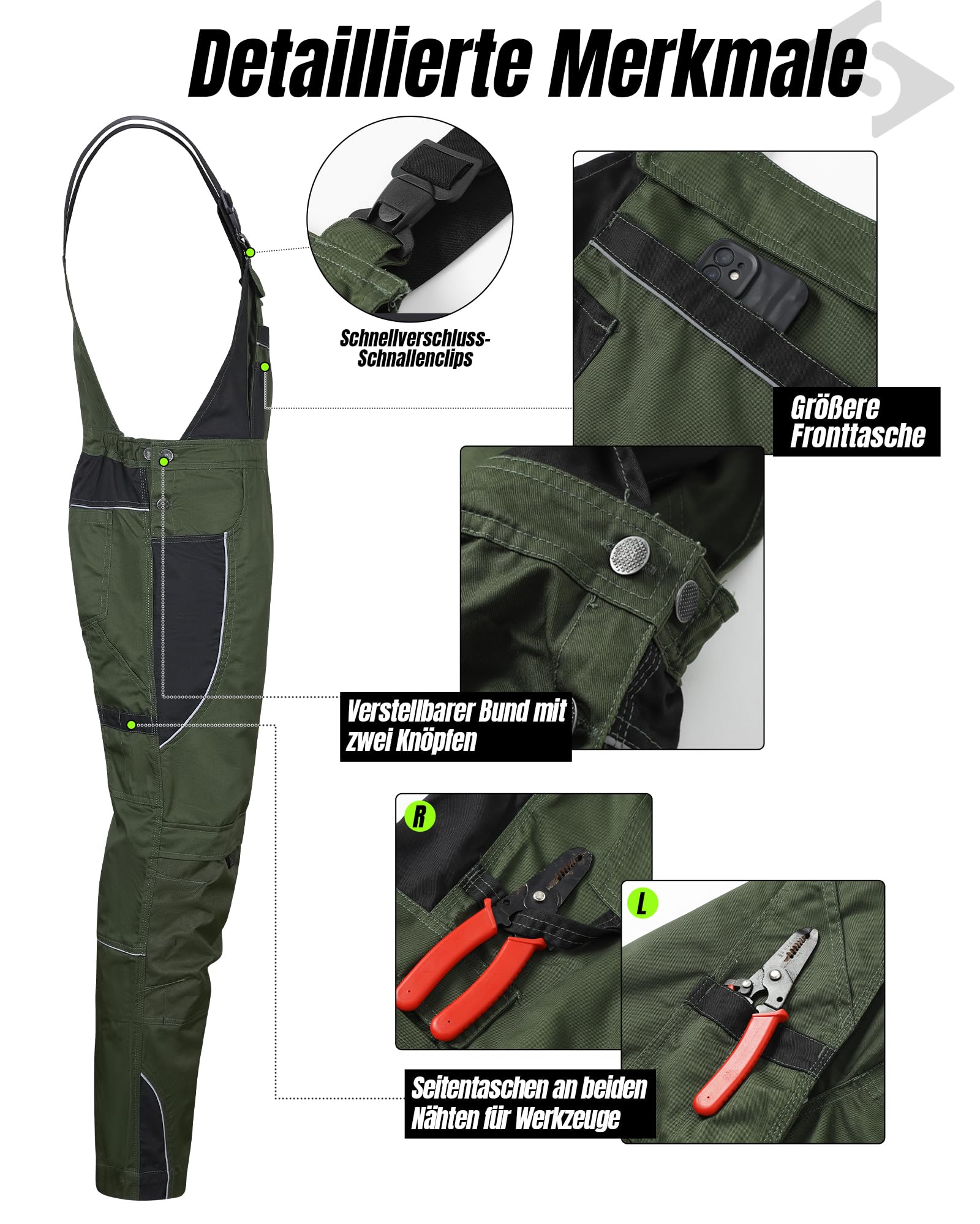 Scheibler Workwear Active - Salopette da lavoro da uomo, con cinghie elastiche e molte tasche, disponibile nelle taglie 46-60